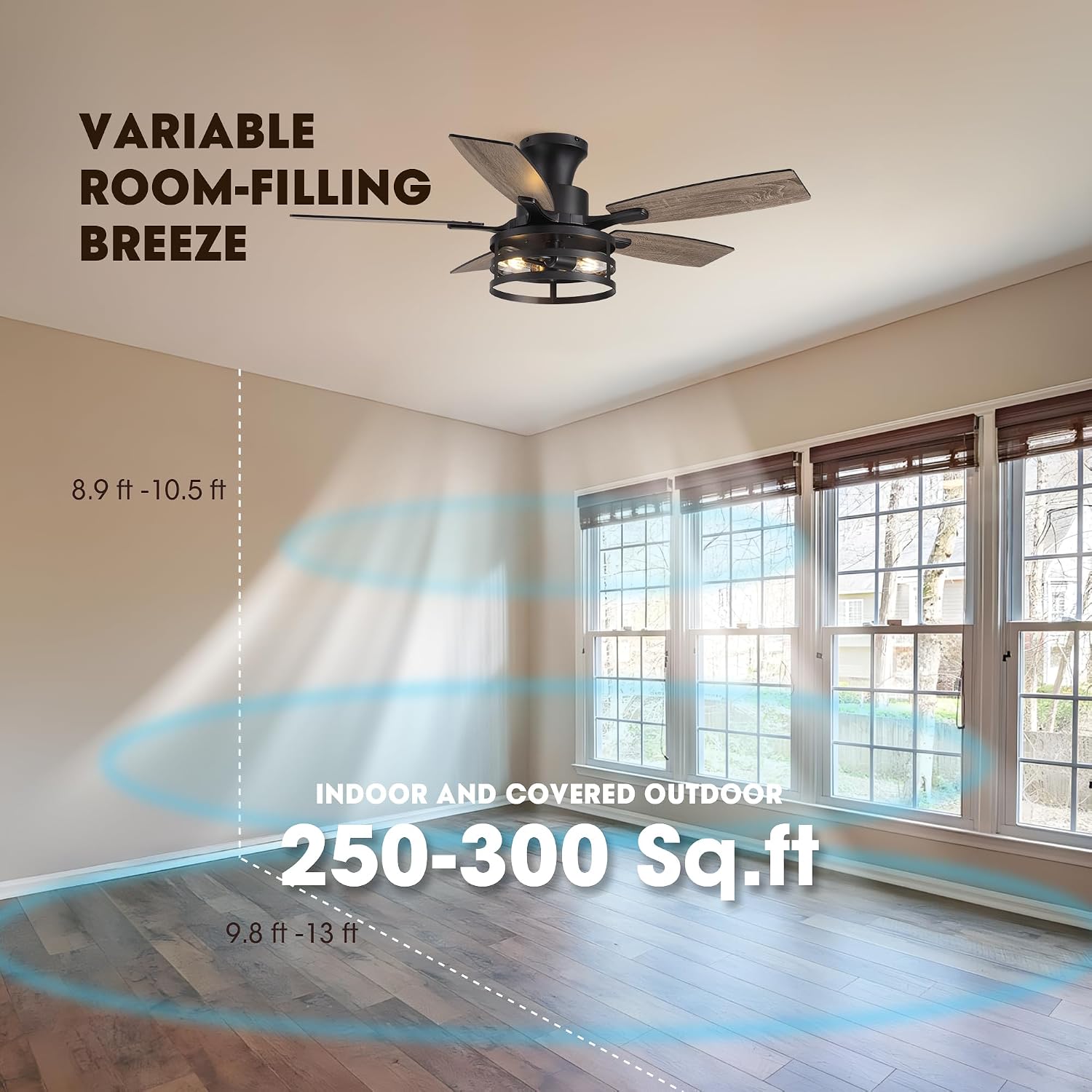 42 Inch Flush Mount Ceiling Fans with Lights and Remote Control, Farmhouse Ceiling Fan with LED Lighting for Bedroom Living Room and Patio, Black Caged Ceiling Fan for Indoor and Outdoor(NO Bulbs)