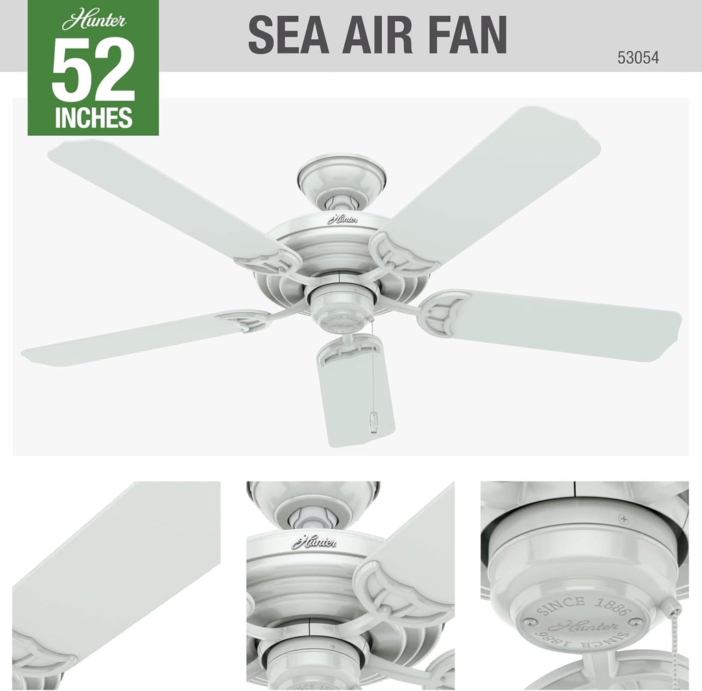Hunter 52 inch Outdoor or Indoor Ceiling Fan No Light - White Ceiling Fan without Light, For Patio, Porch, Garage, or Living Room, Standard Mount, 5 Blades, Pull Chain - Sea Air 53054, White