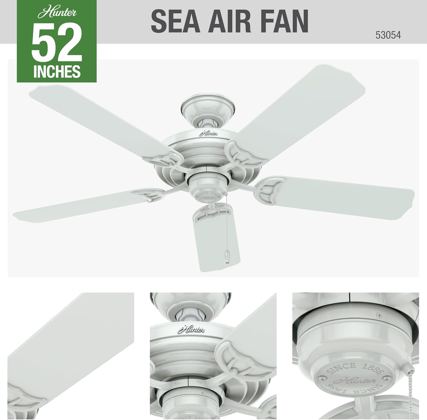 Hunter 52 inch Outdoor or Indoor Ceiling Fan No Light - White Ceiling Fan without Light, For Patio, Porch, Garage, or Living Room, Standard Mount, 5 Blades, Pull Chain - Sea Air 53054, White
