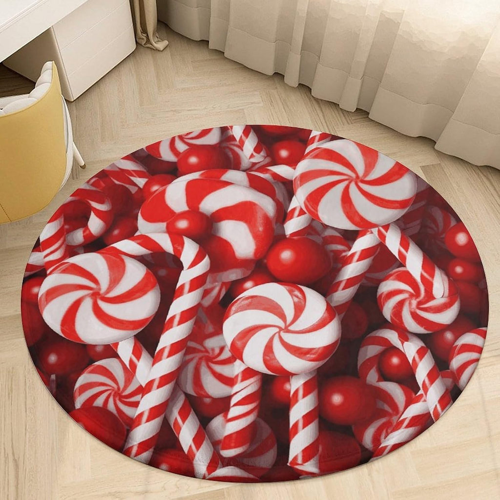Candy Canes Coral Velvet Round Floor Mat Non-Slip Bath Rug Floor Covering for Bathroom Vanity Guest Suite & Vacation Home