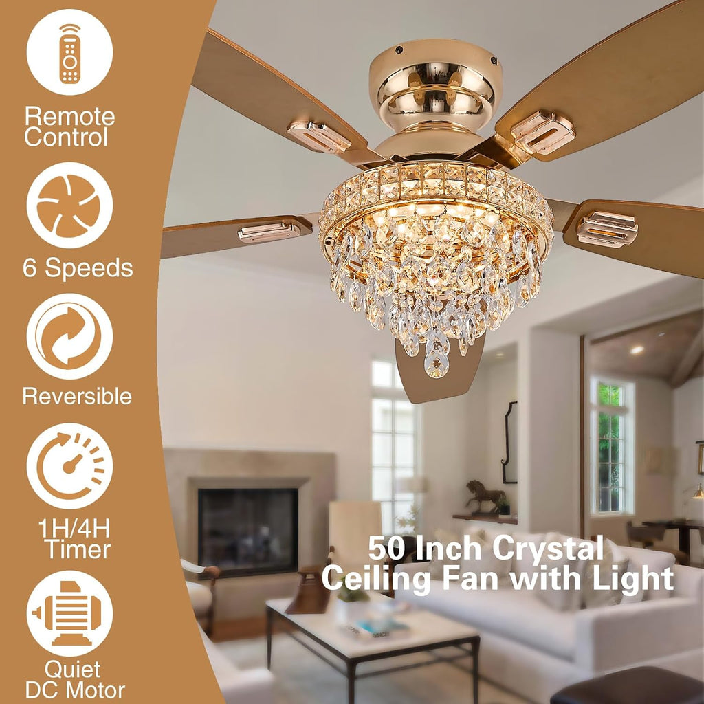 Crystal Ceiling Fan Fandelier with Lights-Ceiling Fans with Lights,50' Low Profile and Remote Control, Flush Mount, Reversible, Dimmable, Noiseless,Gold Ceiling Fan for Bedroom