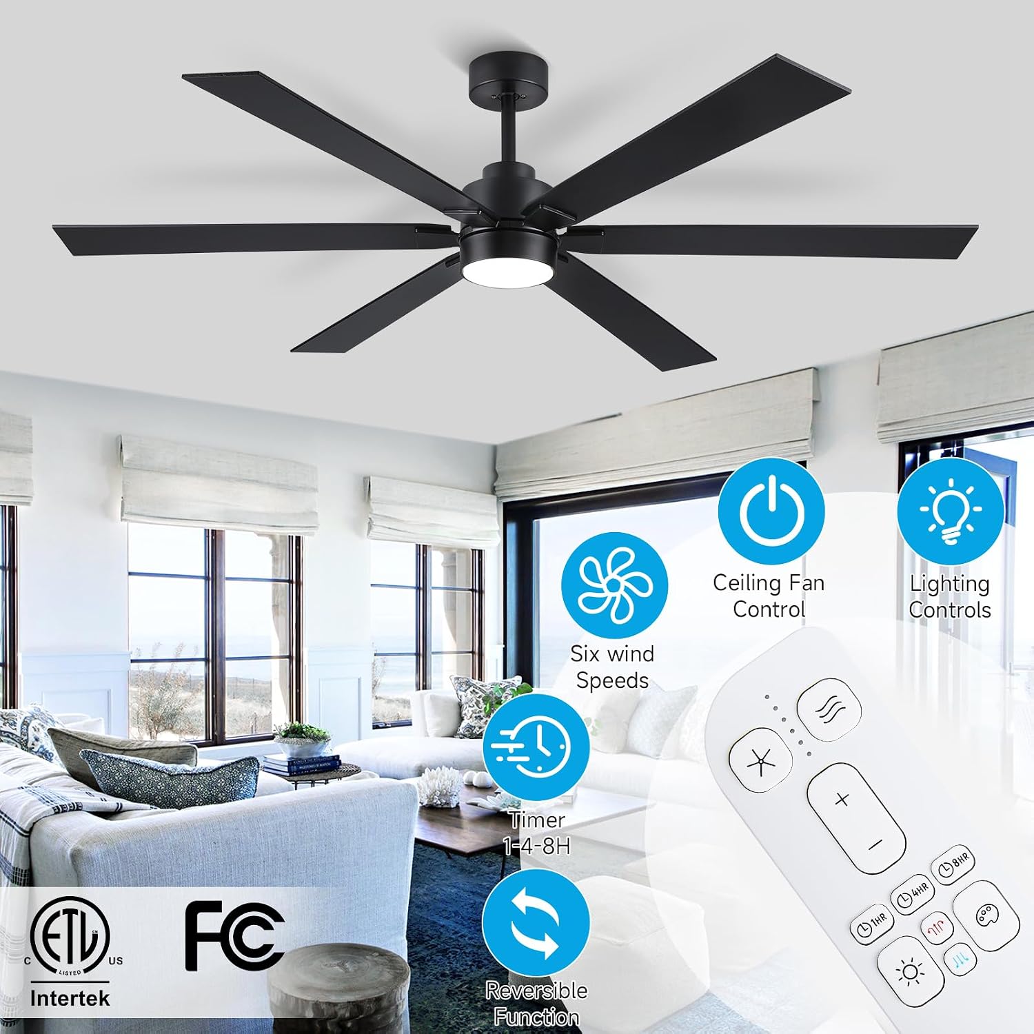 66 Inch Large Outdoor Ceiling Fans for Patios with Lights, Modern Black Ceiling Fan with Light and Remote, 6 Blades Reversible DC Motor Ceiling Fan for Indoor Living Room Porch Gazebo Commercial