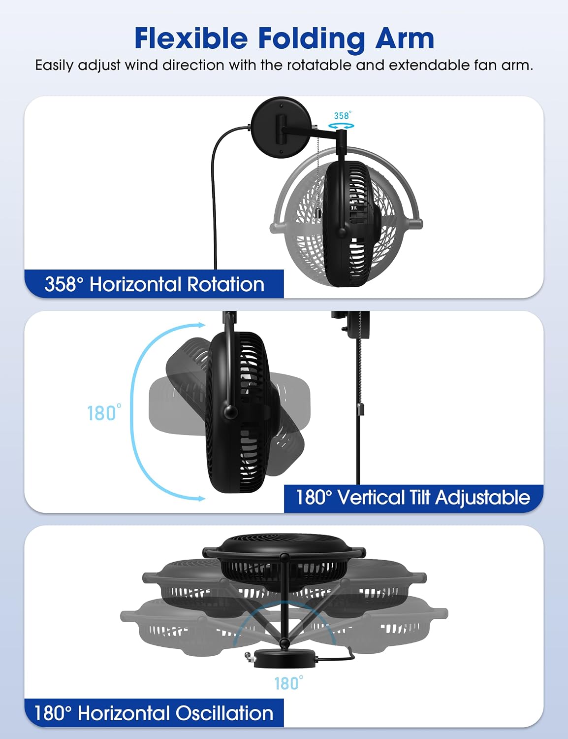 Wall Mount Fans with Pull Chain, 10 Inch Wall Fans Quiet Oscillating Wall-Mounted Fan, Adjustable Folding Arm, 2-Speed Plug-in Fan for Bedroom, Living Room, Garage, Bathroom, Patio, Kitchen, Black