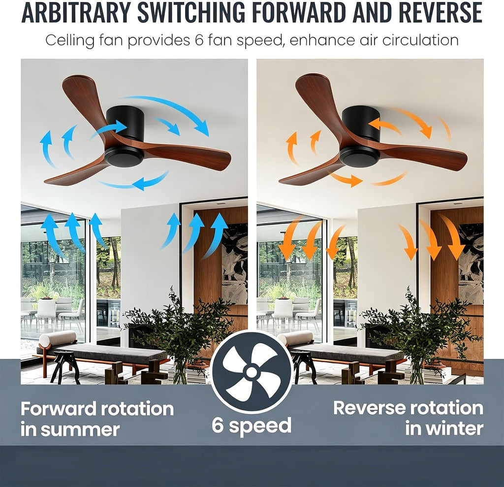 GESUM 42 Inch Wood Ceiling Fan without Light | Flush Mount, Remote Control, 3 Blade 6-Speed Reversible DC Motor, Noiseless Timer, For Bedroom Living Room Patio Porch