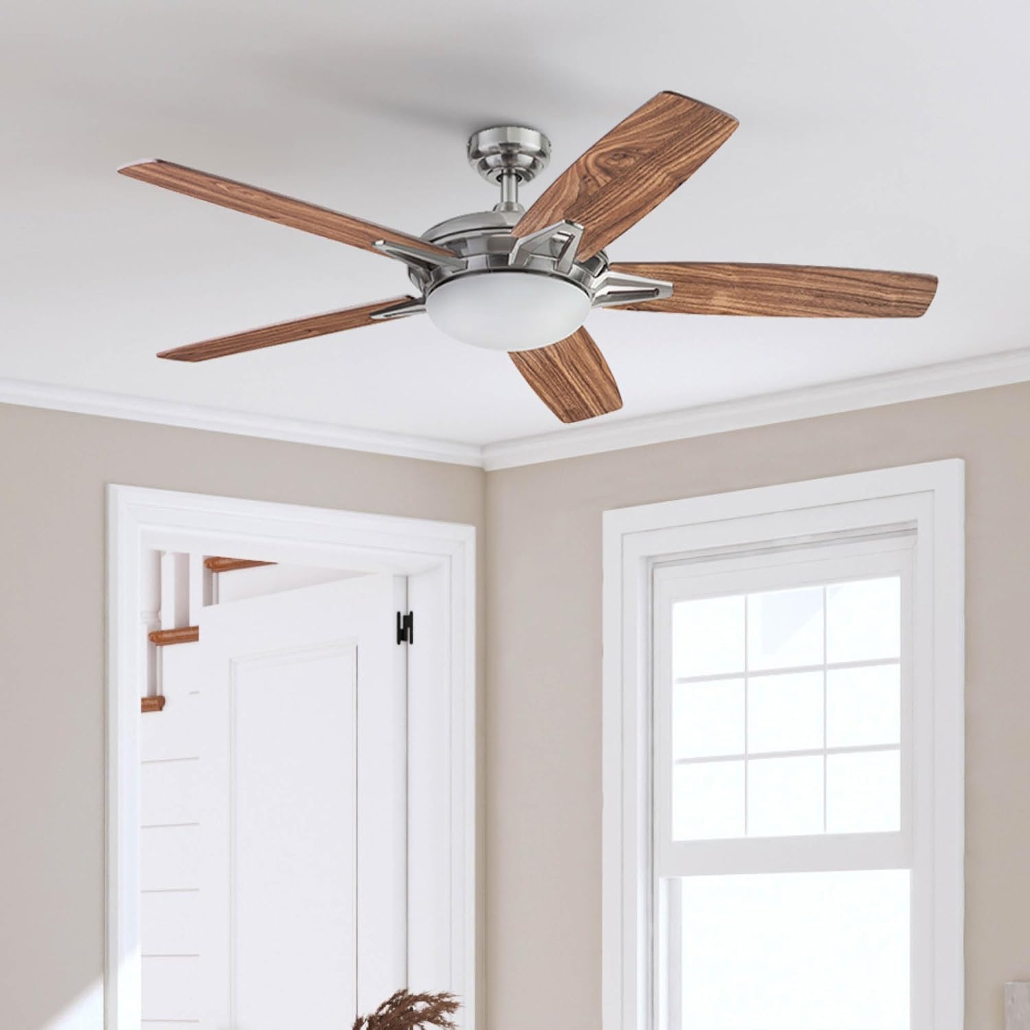 Prominence Home Clancy, 52 Inch Contemporary LED Ceiling Fan with Integrated Dome Light, Remote Control, Dual Mount, 5 Reversible Dual-Finish Blades - 51482-01 (Brushed Nickel)