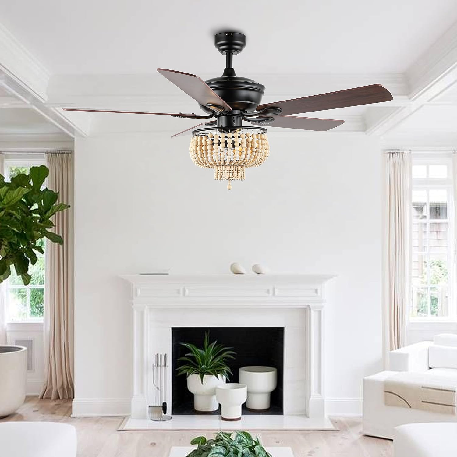 JONATHAN Y 52' Black 3-Light Iron and Wood Bead LED Ceiling Fan, Farmhouse Rustic Bohemian Style with Remote Control and Reversible Blades, LED Bulbs Included JYL9617A