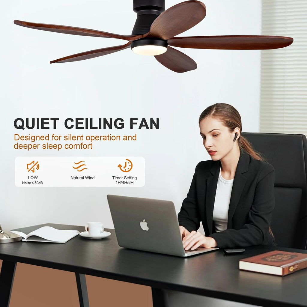 48 Inch Ceiling Fans with Lights and Remote, Low Profile Flush Mount Modern Ceiling Fan with Light, Indoor Outdoor Wood Ceiling Fan for Patio Dining Room, Wall Switch, 6 Speed DC Motor