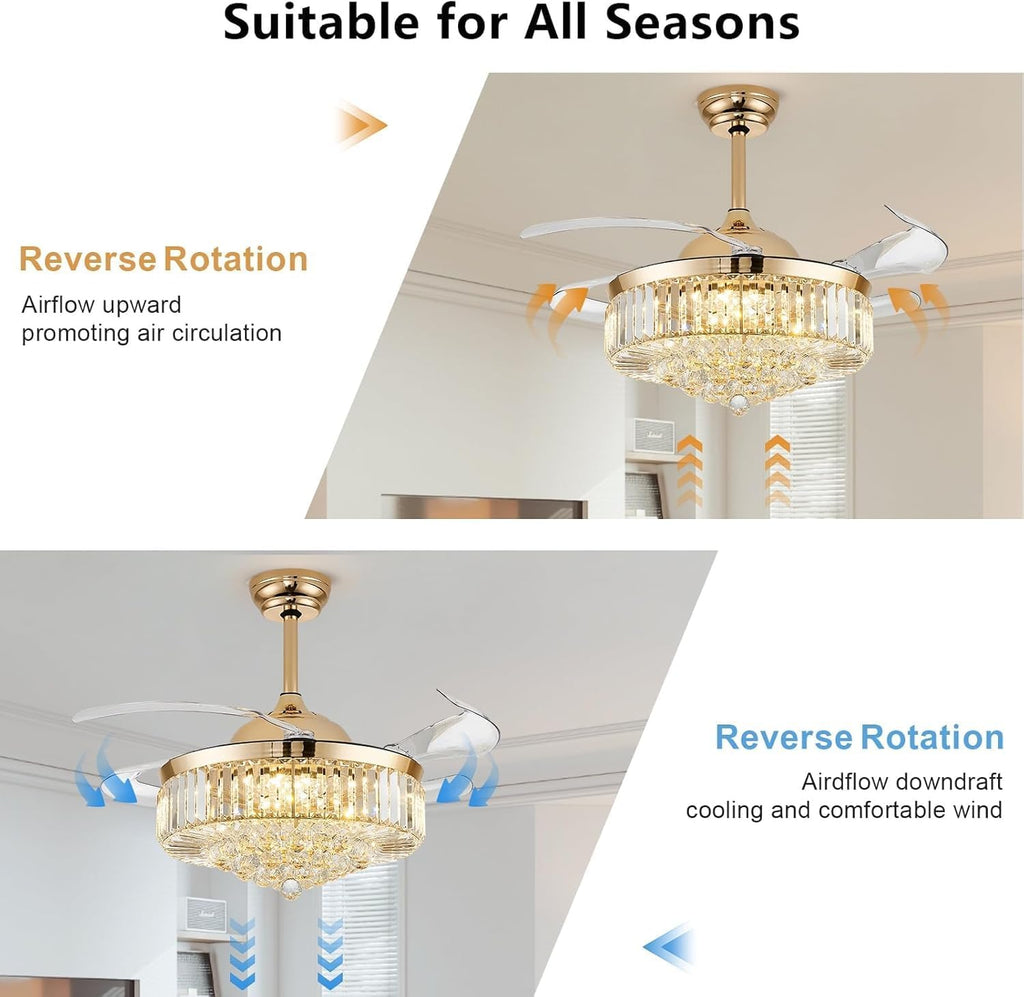 42'' Fandelier Ceiling Fans with Light, Chandelier Ceiling Fan, Retractable Crystal Ceiling Fan for Bedroom, Living Room, 3 Color Change, LED Dimmable, 6 Speeds, Reversible DC Motor-Gold
