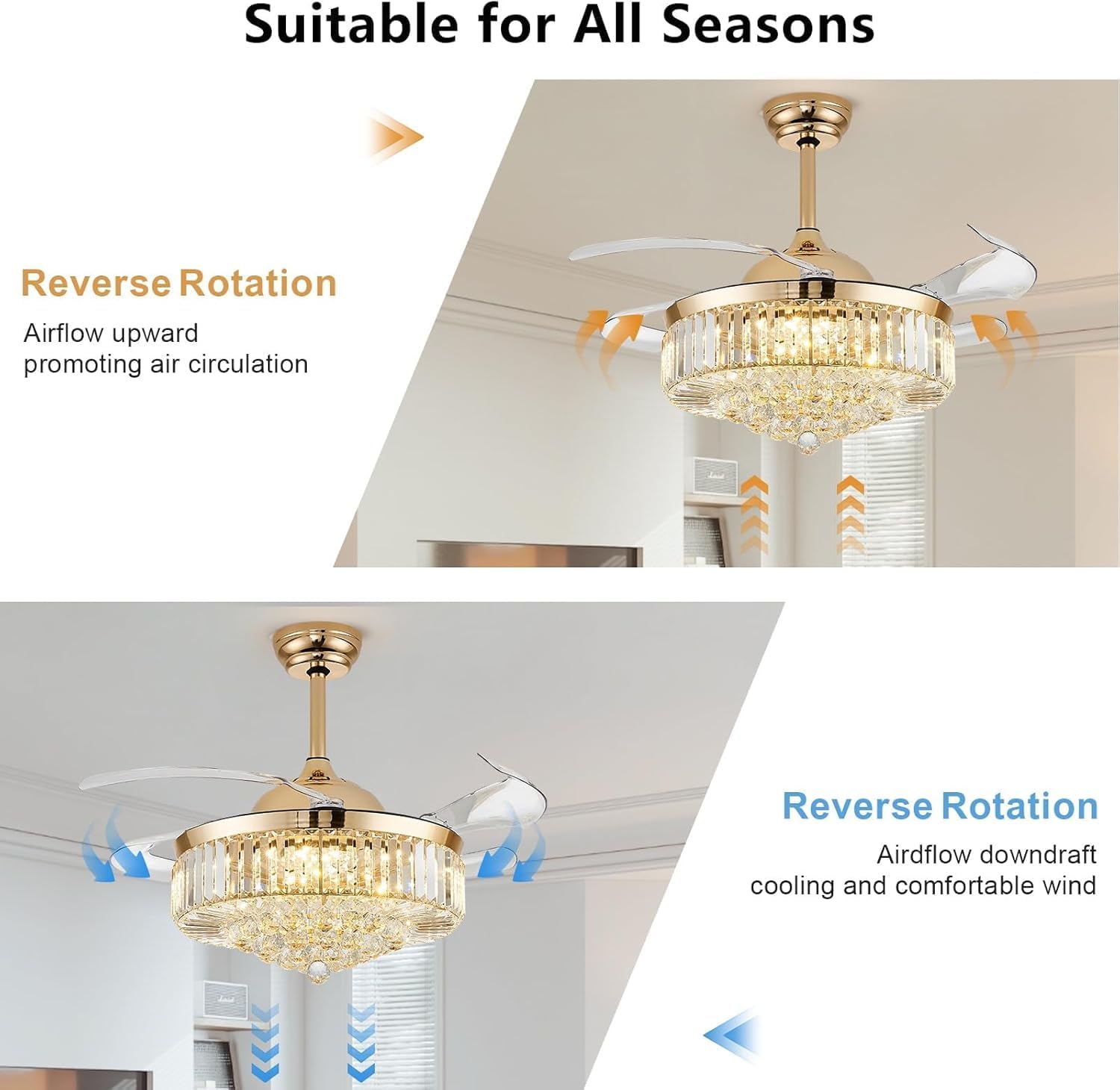 42'' Fandelier Ceiling Fans with Light, Chandelier Ceiling Fan, Retractable Crystal Ceiling Fan for Bedroom, Living Room, 3 Color Change, LED Dimmable, 6 Speeds, Reversible DC Motor-Gold