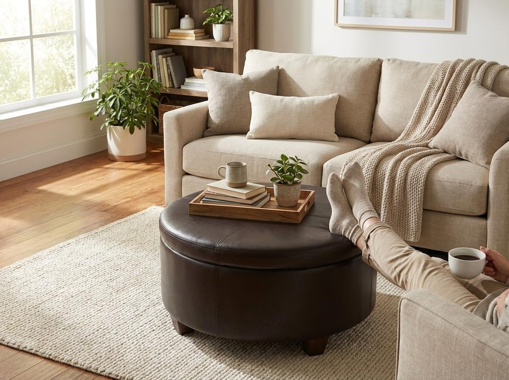HomePop 32' Large Tufted Round Storage Ottoman - Vintage Brown Faux Leather