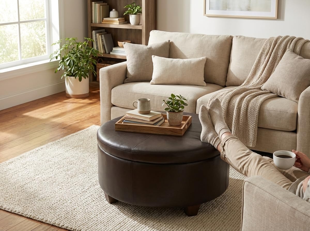 HomePop 32' Large Tufted Round Storage Ottoman - Vintage Brown Faux Leather
