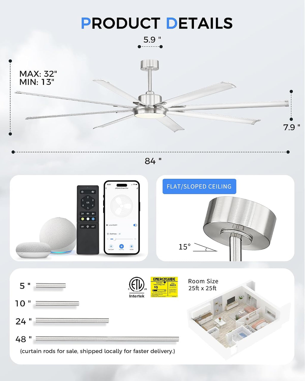 84 Inch Industrial Ceiling Fans with Lights and Remote,Extra Large Indoor Ceiling Fan with 8 Aluminium Metal Blades,Brushed Nickel Ceiling Fan,CF04BN-84