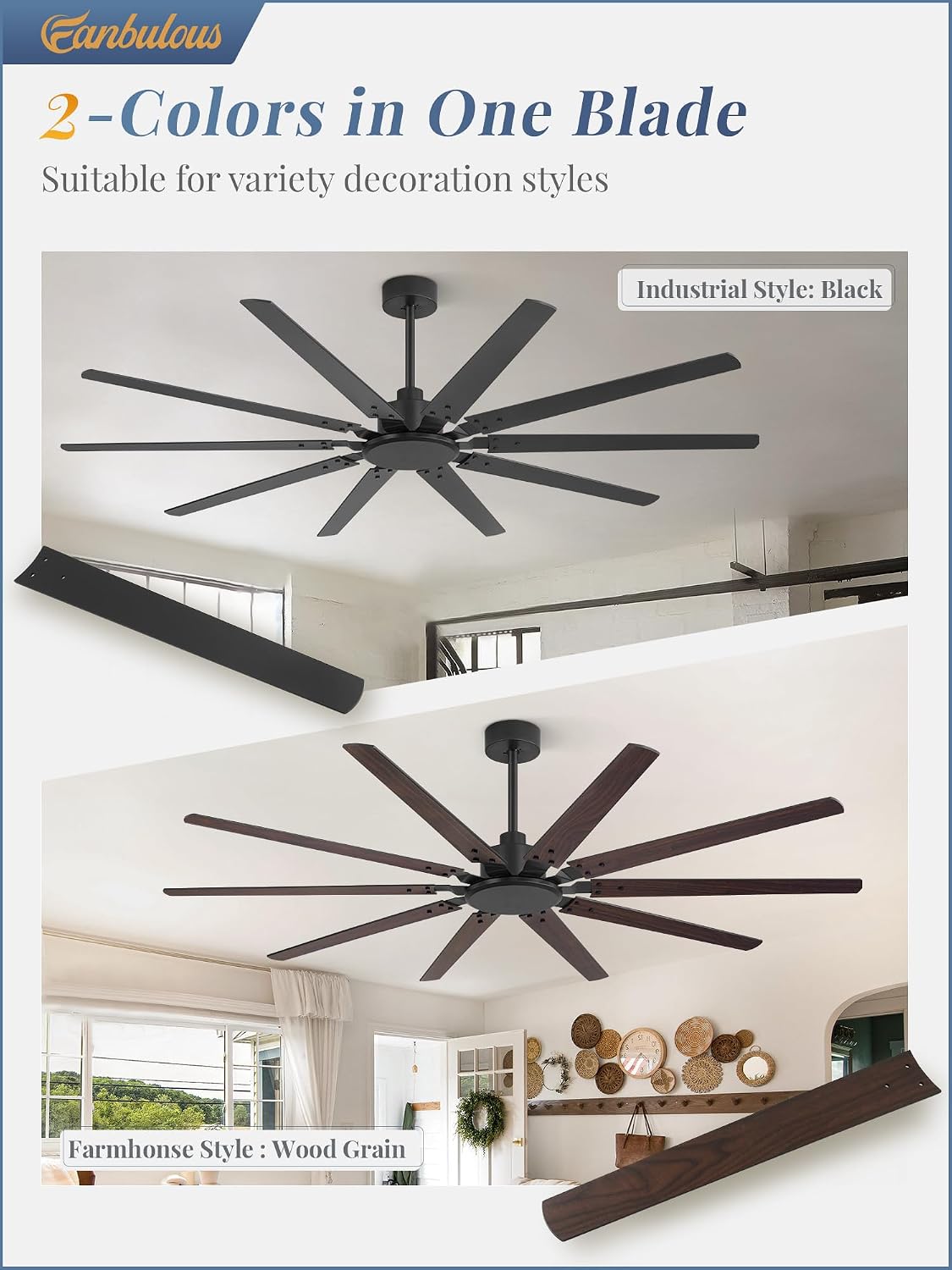 Fanbulous 72 Inch Large Ceiling Fan Without Light, Modern Indoor/Outdoor Ceiling Fans No Light with Remote,6-Speed Reversible Quiet DC Motor, 10 Blade for Bedroom,Living Room,Patio,Garage(Black)
