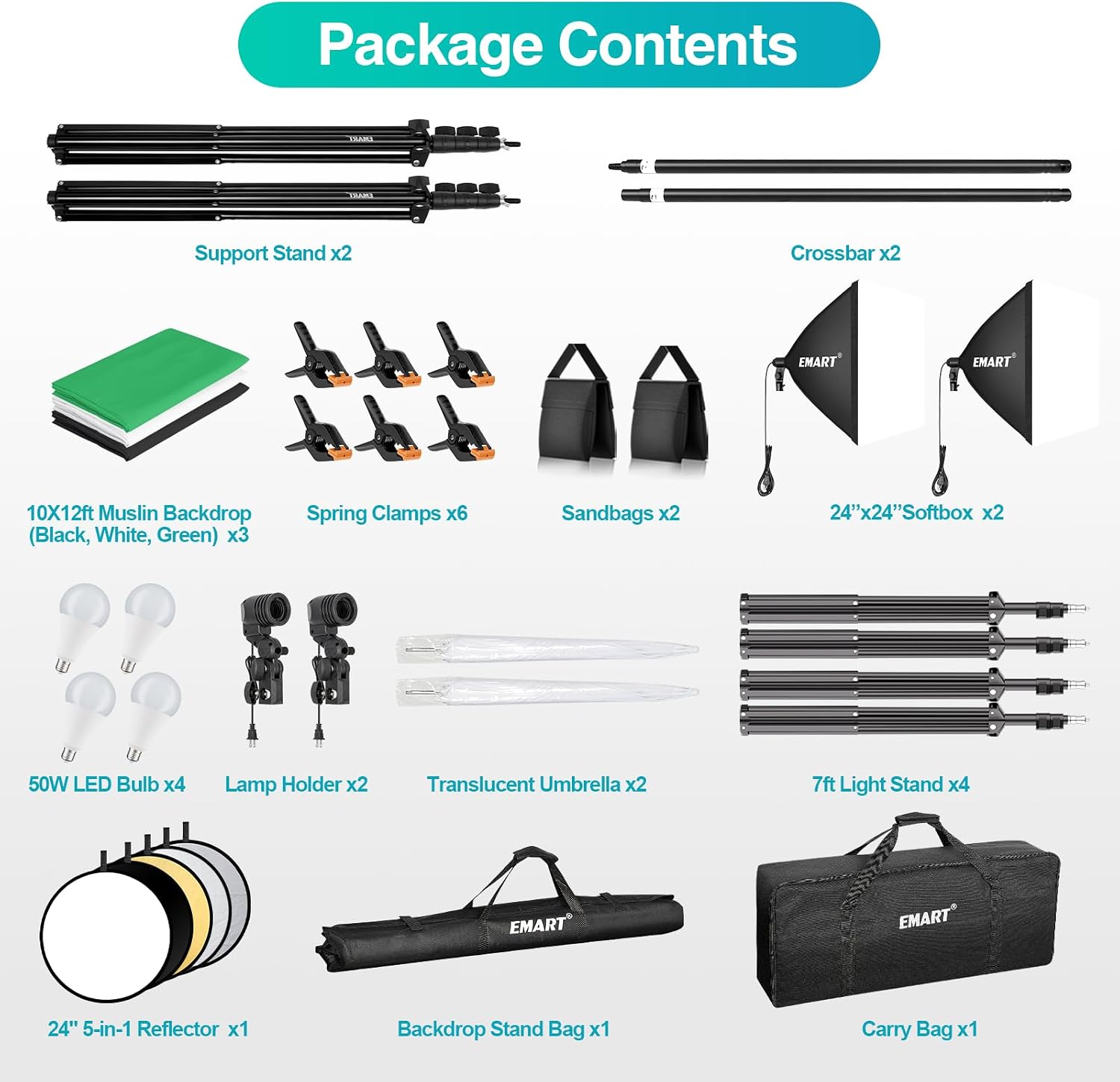 EMART 8.5 x 10 ft Backdrop Support System, Professional Photography Lighting Kit with 10*12ft Backdrop*3, 5500K 50W LED, Reflector, Umbrellas&Softbox Lighting Kit for Studio, Portrait, Video Shooting