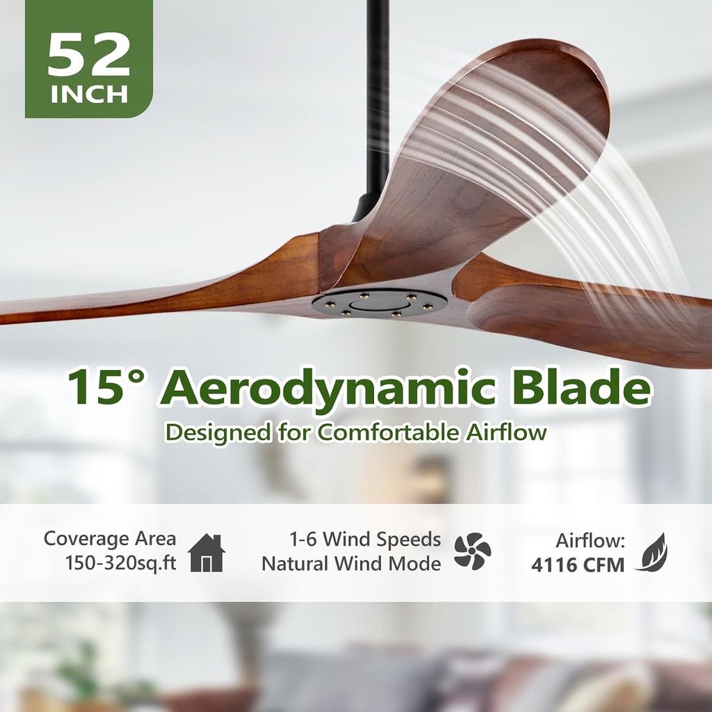 52 Inch Walnut Outdoor Ceiling Fan No Light, Solid Wood Ceiling Fans Without Lights, Mid-sized Modern 3 Blade Quiet Dc Ceiling Fans For Slanted Ceilings, Rustic Wood Ceiling Fan For Garage