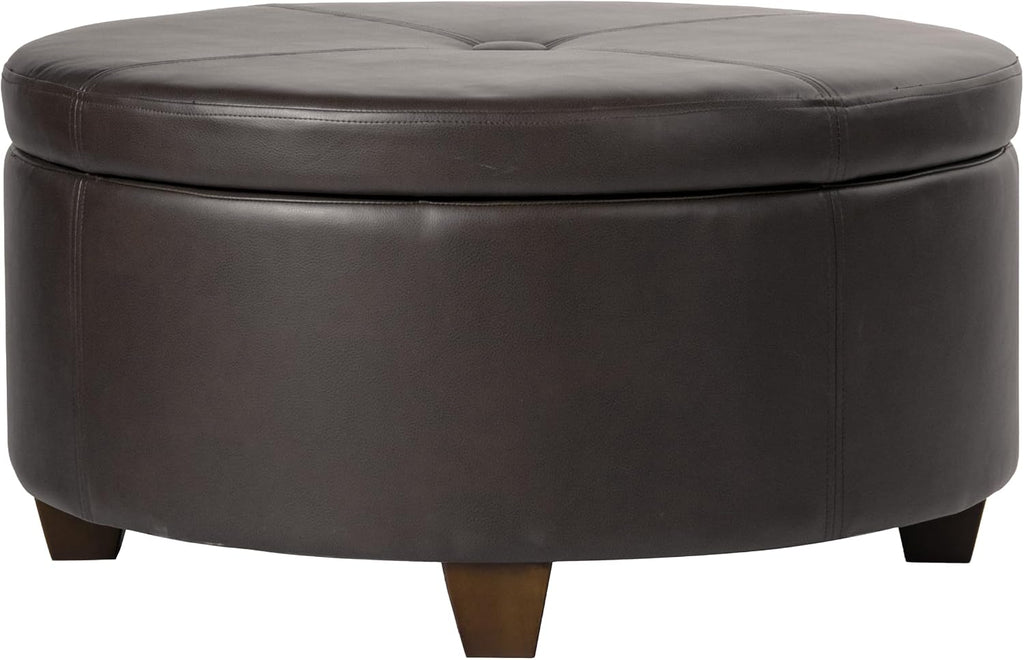 HomePop 32' Large Tufted Round Storage Ottoman - Vintage Brown Faux Leather