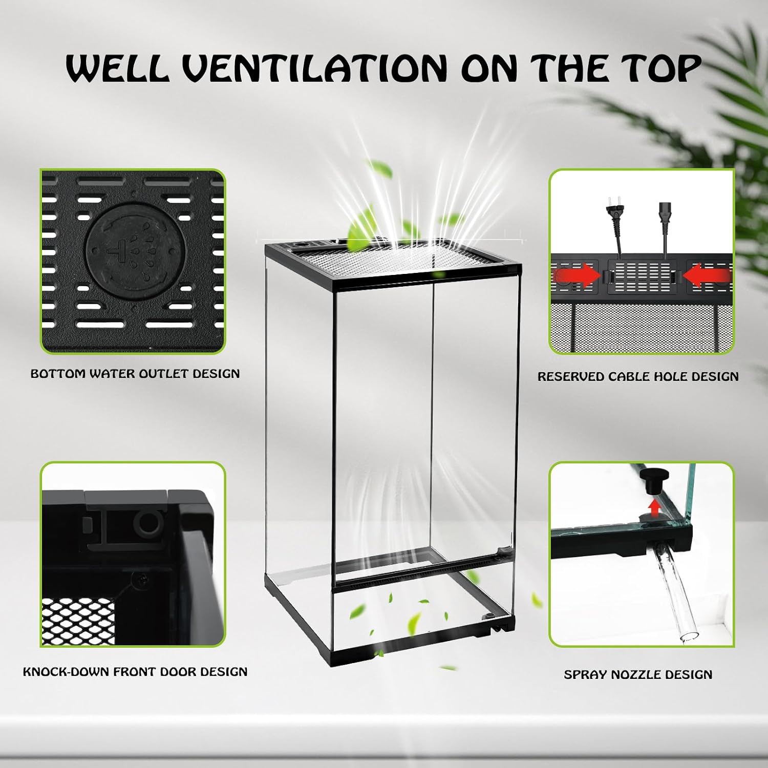 15 Gallon Tall Reptile Glass Tank 12'x12'x24' with Drainage System - Pre-Assembled Vertical Reptile Cage for Arboreal Geckos,Chameleon,Lizard,Tree Frog and Snake with Terrarium Decoration