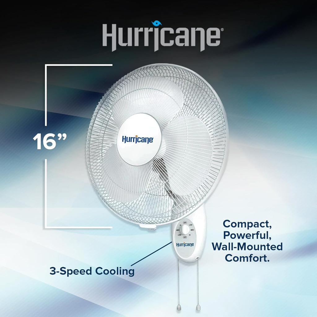 Hurricane 16' Supreme Oscillating Wall Mount Fan w/ 3 Quiet Speeds, White - Corded Electric Air Cooling Unit w/ Easy Pull Cord Controls for Homes, Greenhouses, Garages, Workshops & Gyms