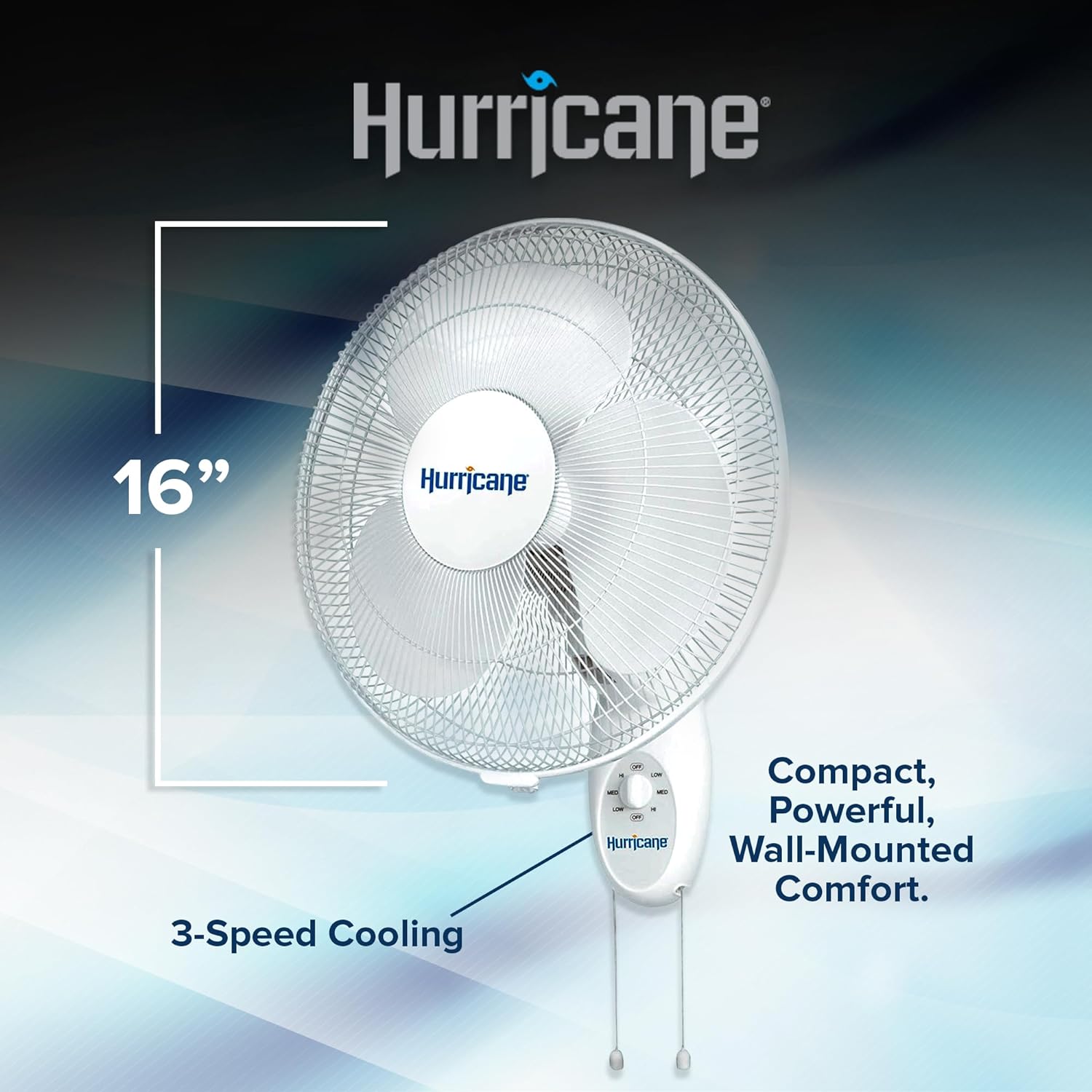 Hurricane 16' Supreme Oscillating Wall Mount Fan w/ 3 Quiet Speeds, White - Corded Electric Air Cooling Unit w/ Easy Pull Cord Controls for Homes, Greenhouses, Garages, Workshops & Gyms