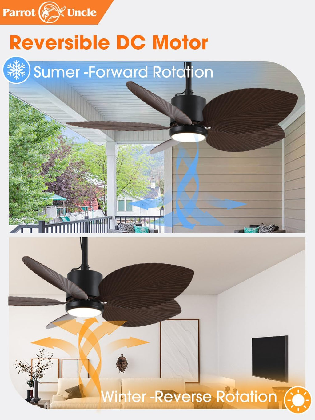 Parrot Uncle 42 Inch Outdoor Palm Leaf Ceiling Fan,IP66 Outdoor Waterproof Ceiling Fan with Light,3CCT 6-Speed Quite DC Motor, Wet Rated Plug in Fans for Patios Porch Pergola (Brown & Black)