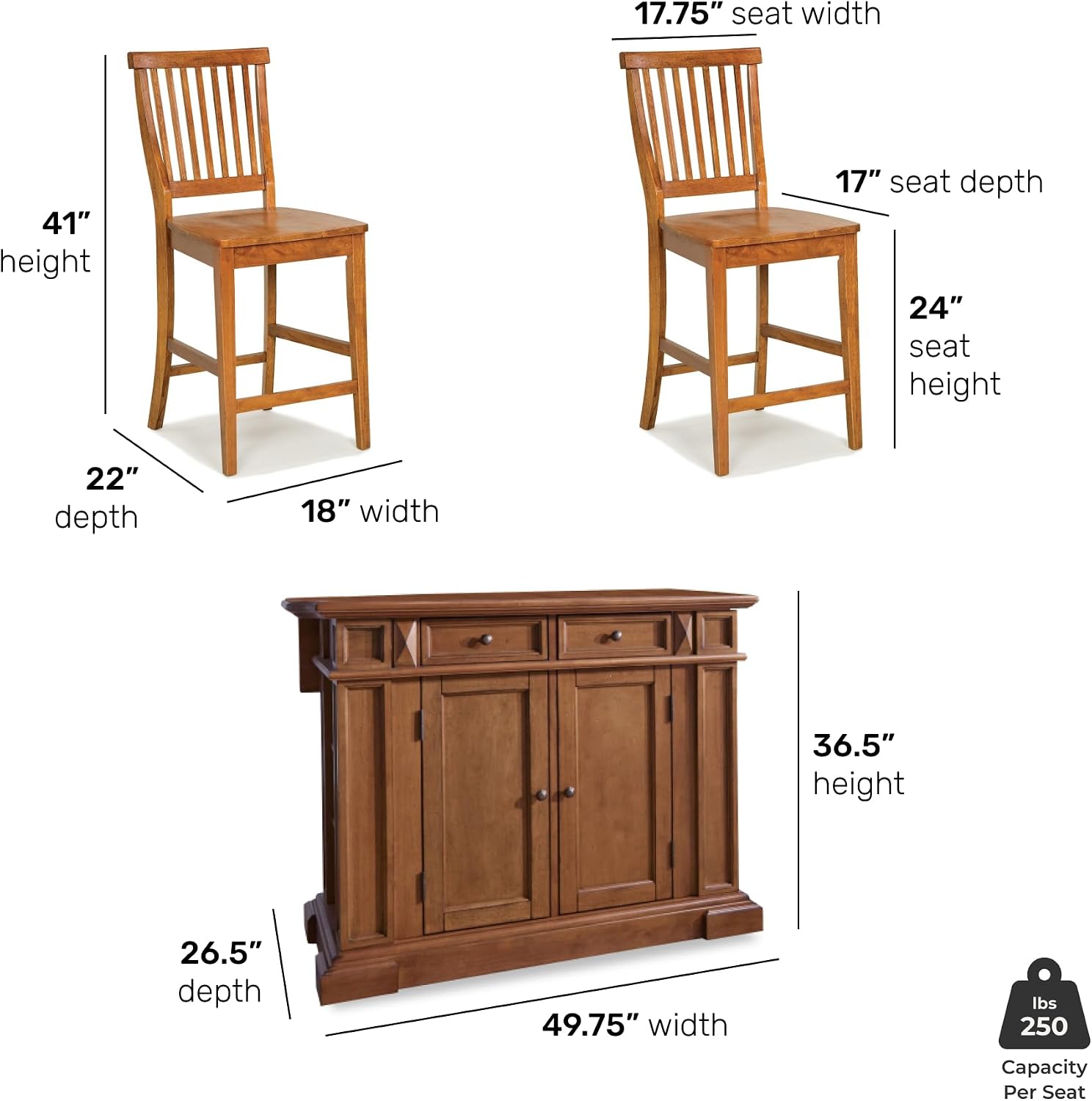 Homestyles Americana Cottage Oak 3-Piece Kitchen Island Set with Hardwood Drop Leaf Top and Two Counter Stools