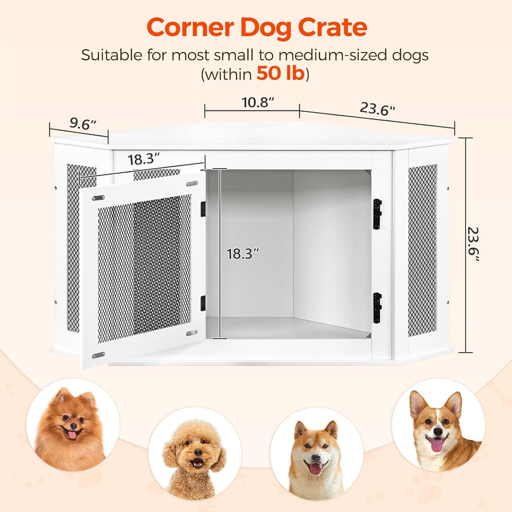 MAHANCRIS Corner Dog Crate Furniture, Wooden Dog Kennel End Table, Decorative Pet Crate Indoor Use, Furniture Style Dog House for Small Medium Dog, Dog Cage TV Stand, White and Black DCWT0801