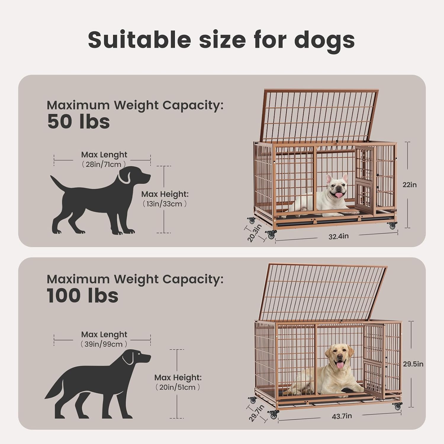 Gardner Pet 43 Inch Heavy Duty Dog Crate with Wheels, Folding Metal Dog Cage for Small/Medium and Large Dogs, Indestructible Dog Crate with Removable Tray (Brown)