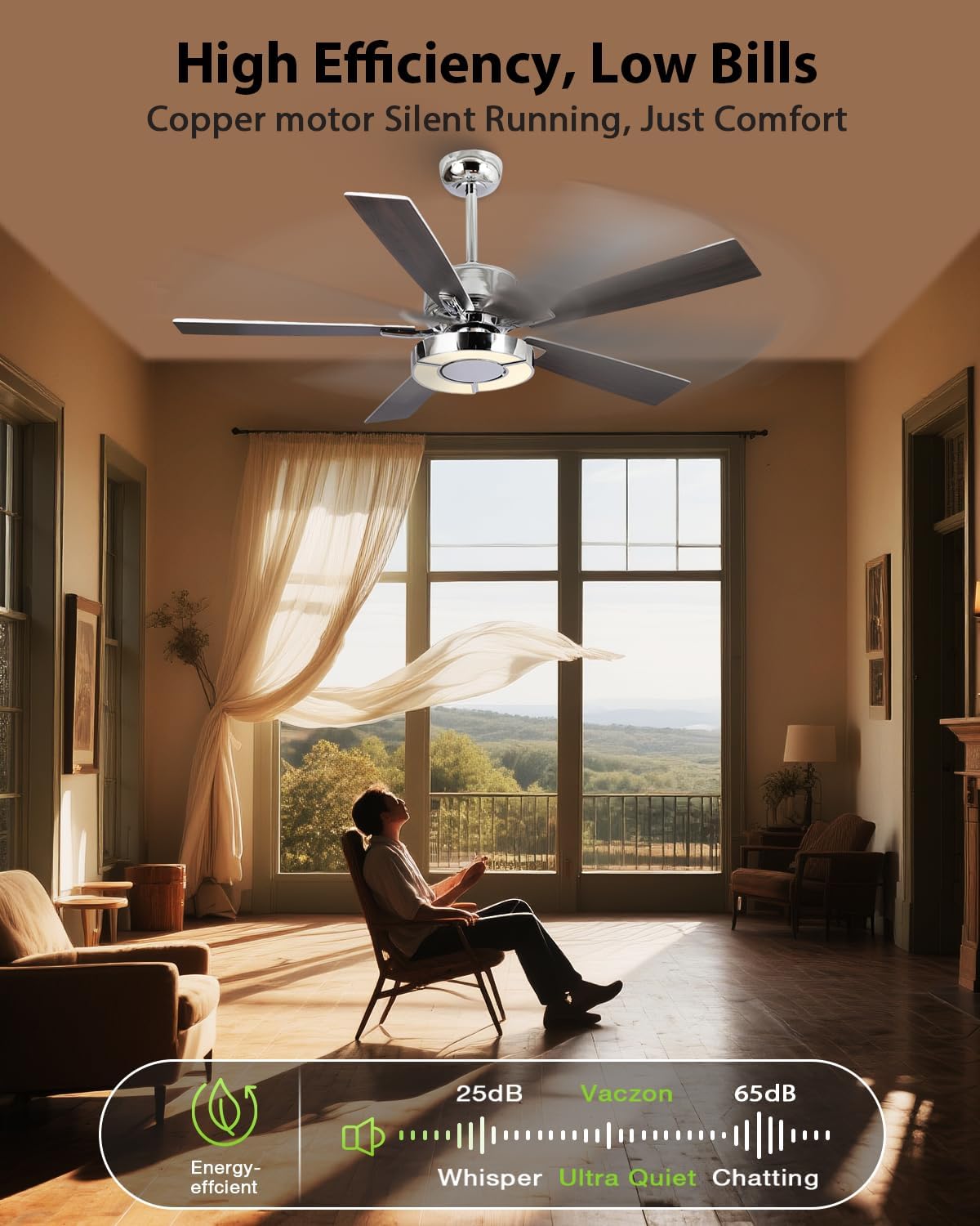52 Inch Silver Ceiling Fans with Lights and Remote, Creative Modern Ceiling Fan, 3CCT, 6 Speeds, Quiet, Dual-Sided Reversible 5 Blades Indoor Outdoor Chandelier Fan for Bedroom Living Room