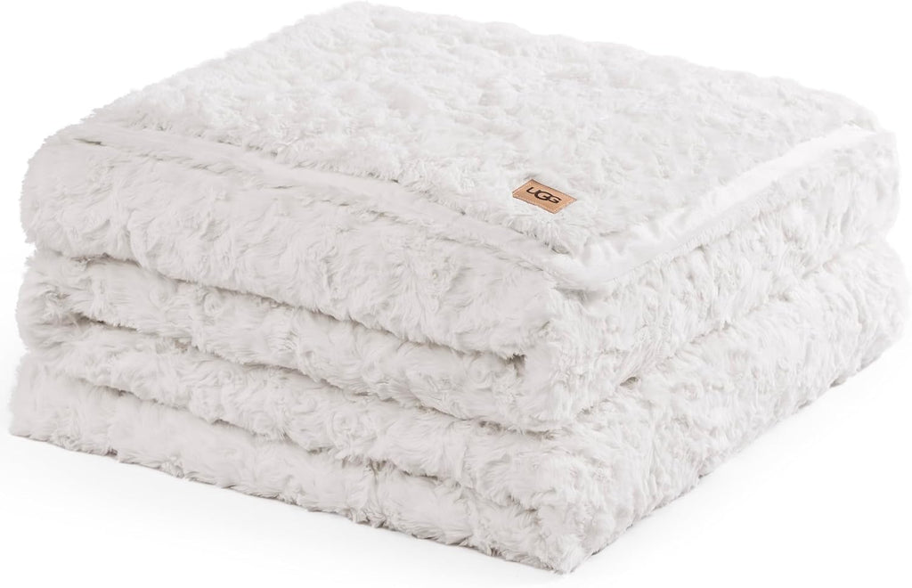 UGG Adalee Faux Fur Full/Queen Blanket for Bed, Soft Fuzzy Blanket, Warm Large Throw for Couch, Washable Full or Queen Bedding, Luxury Bedroom Decor, 90' x 90', Natural White