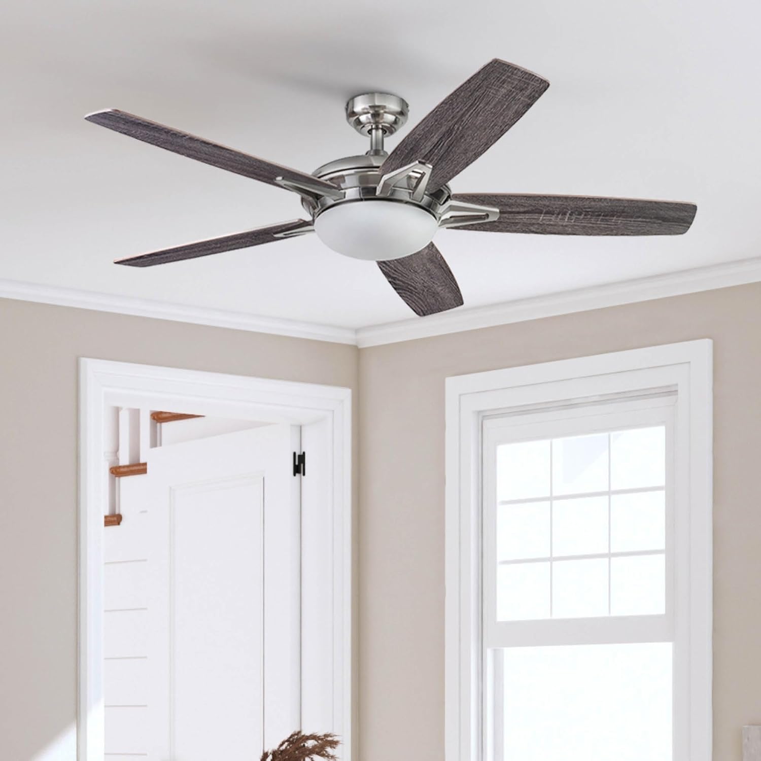 Prominence Home Clancy, 52 Inch Contemporary LED Ceiling Fan with Integrated Dome Light, Remote Control, Dual Mount, 5 Reversible Dual-Finish Blades - 51482-01 (Brushed Nickel)