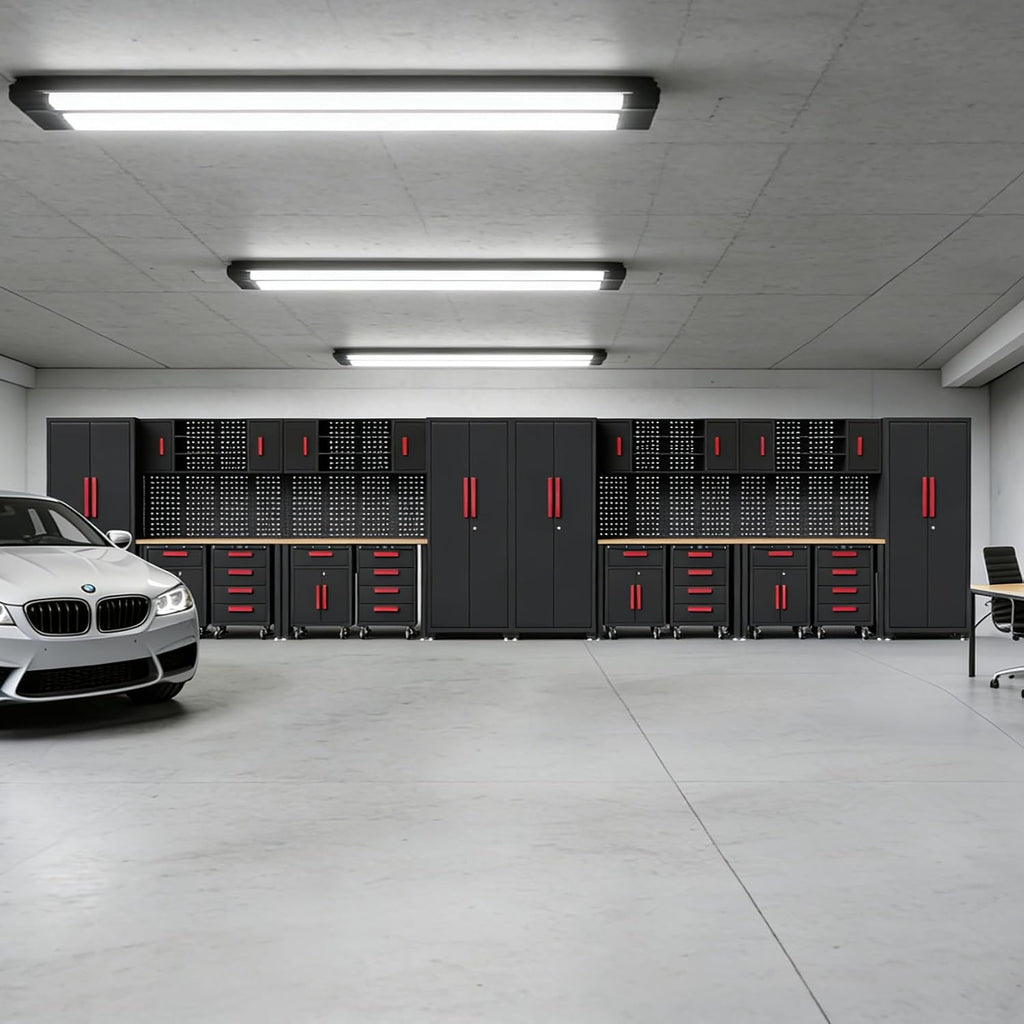 24Pcs Garage Cabinet Storage System, Heavy Duty Workshop Set Includes Workbench, Pegboard & Lockable Drawers Metal Tool Organization System for Garage Workshop