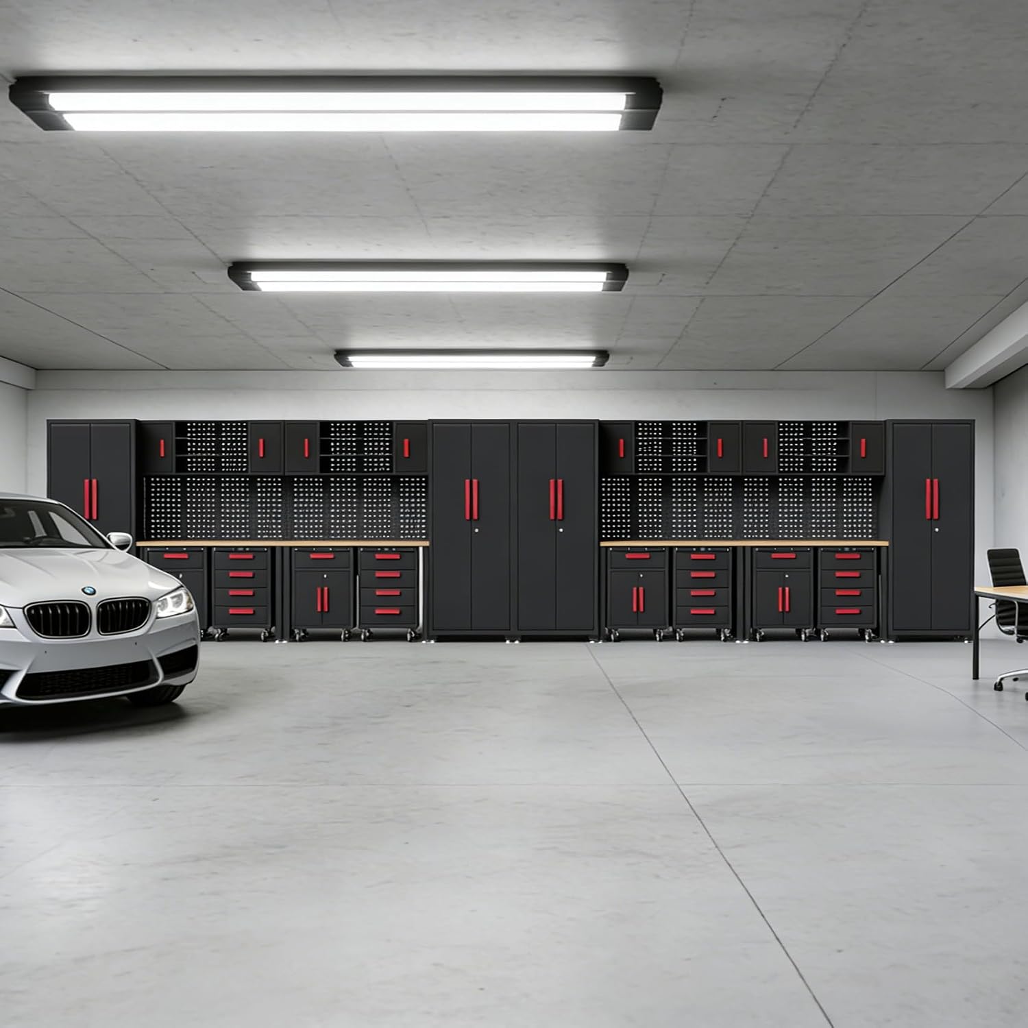 24Pcs Garage Cabinet Storage System, Heavy Duty Workshop Set Includes Workbench, Pegboard & Lockable Drawers Metal Tool Organization System for Garage Workshop