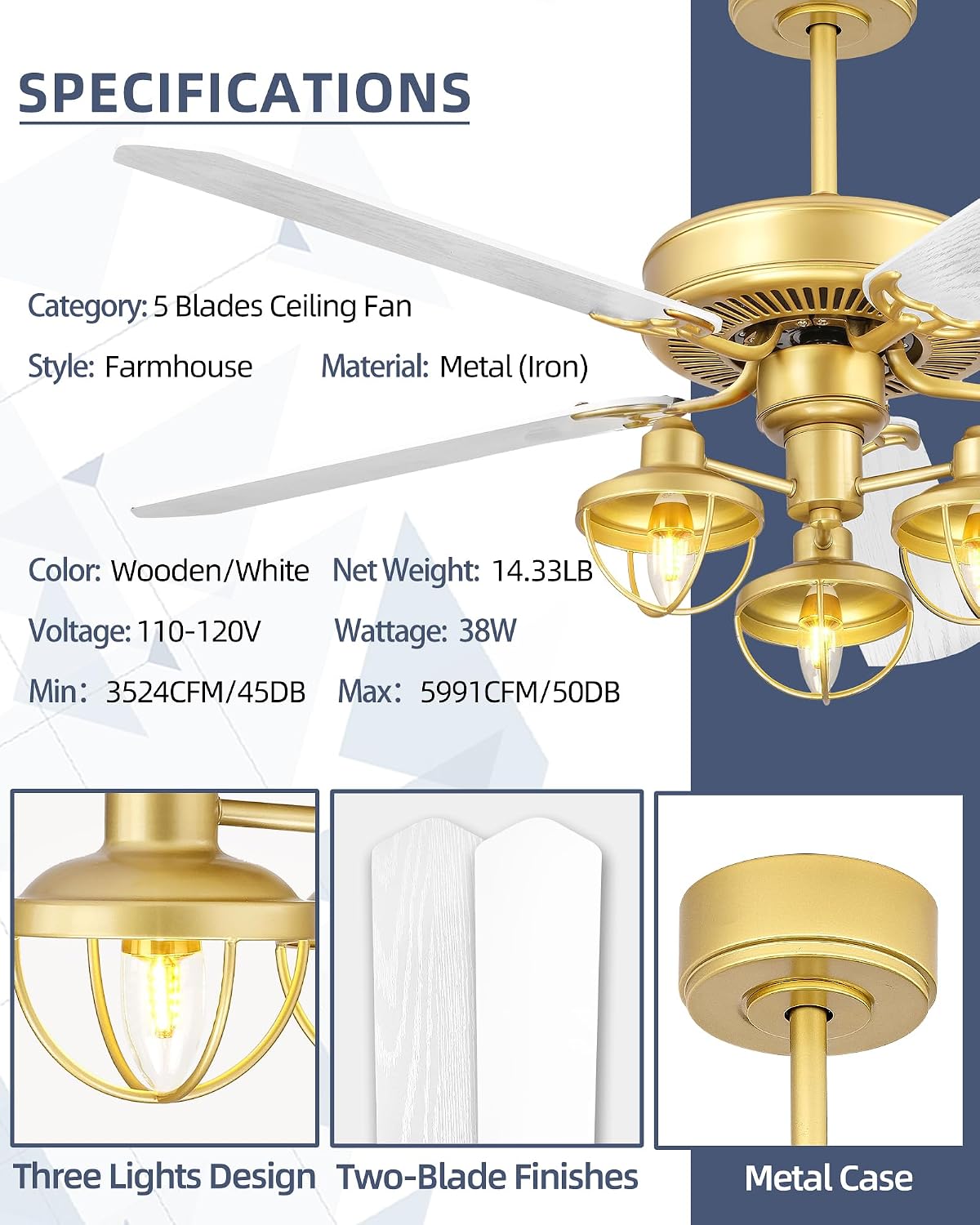 YOUKAIN Farmhouse Wooden Ceiling Fans, 52 Inch Industrial Ceiling Fan with 3 Lights and Remote Control, 5-Reversible Blades Indoor/Outdoor, Gold/Wood Finish, 52-YJ631-GD