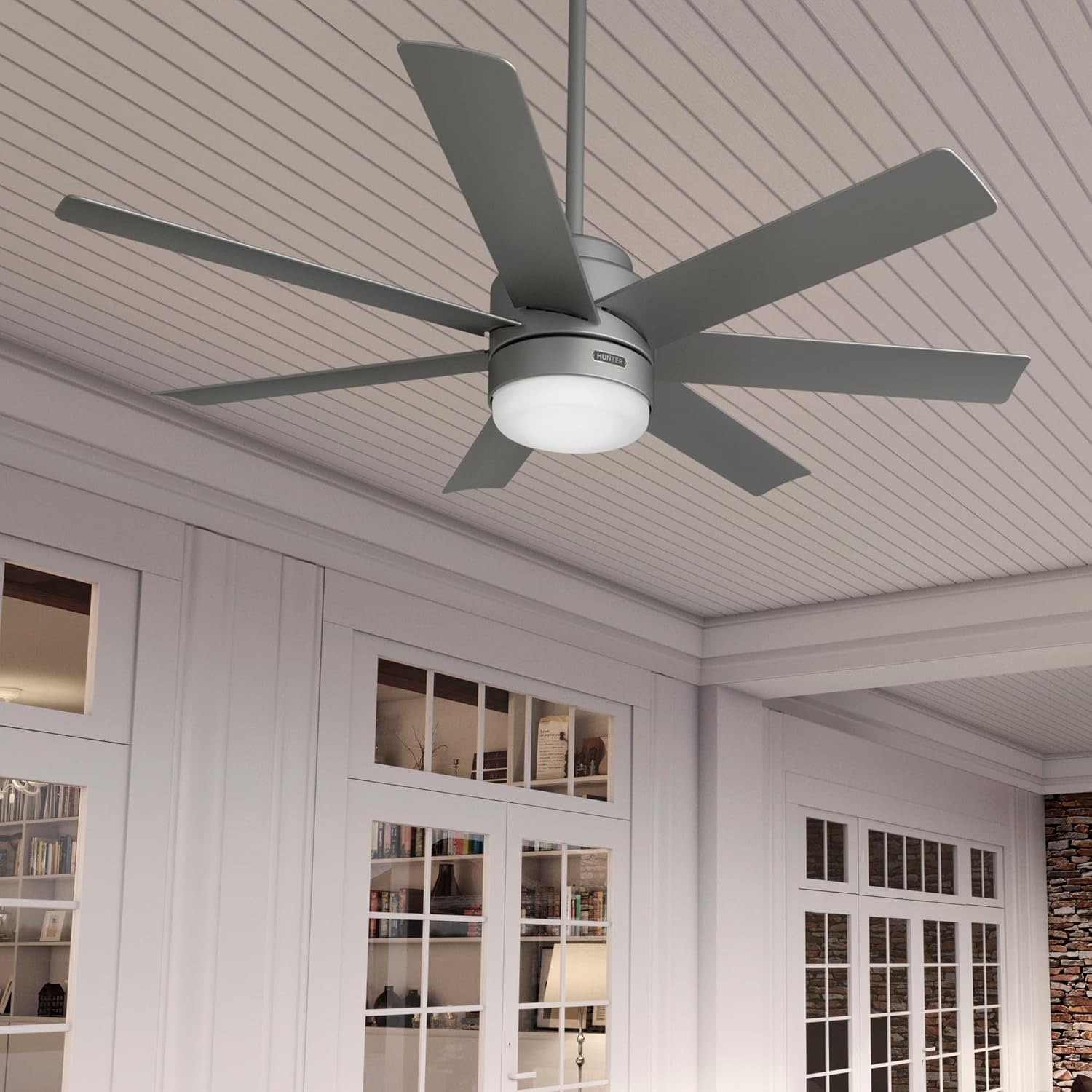 Hunter Fan 52 inch Matte Silver Indoor/Outdoor Ceiling Fan with Light and Remote Control for Bedroom, Living Room, Office, Basement, Kitchen, Patio, CC5C23C76 (Renewed)