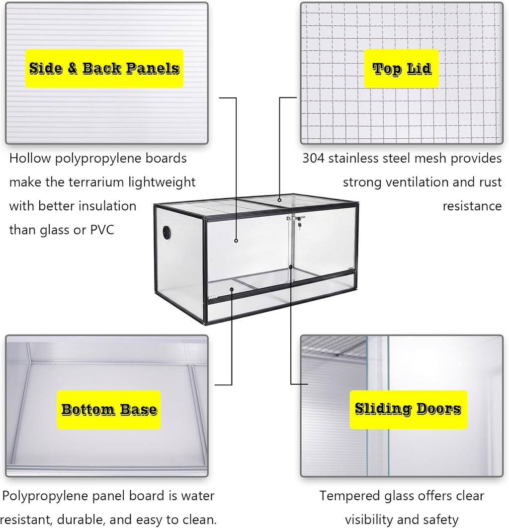 120 Gallon Bearded Dragon Tank, 48 x 24 x 24 Reptile Enclosure with Lockable Sliding Glass Doors and Top Screen Ventilation for Easy Maintenance