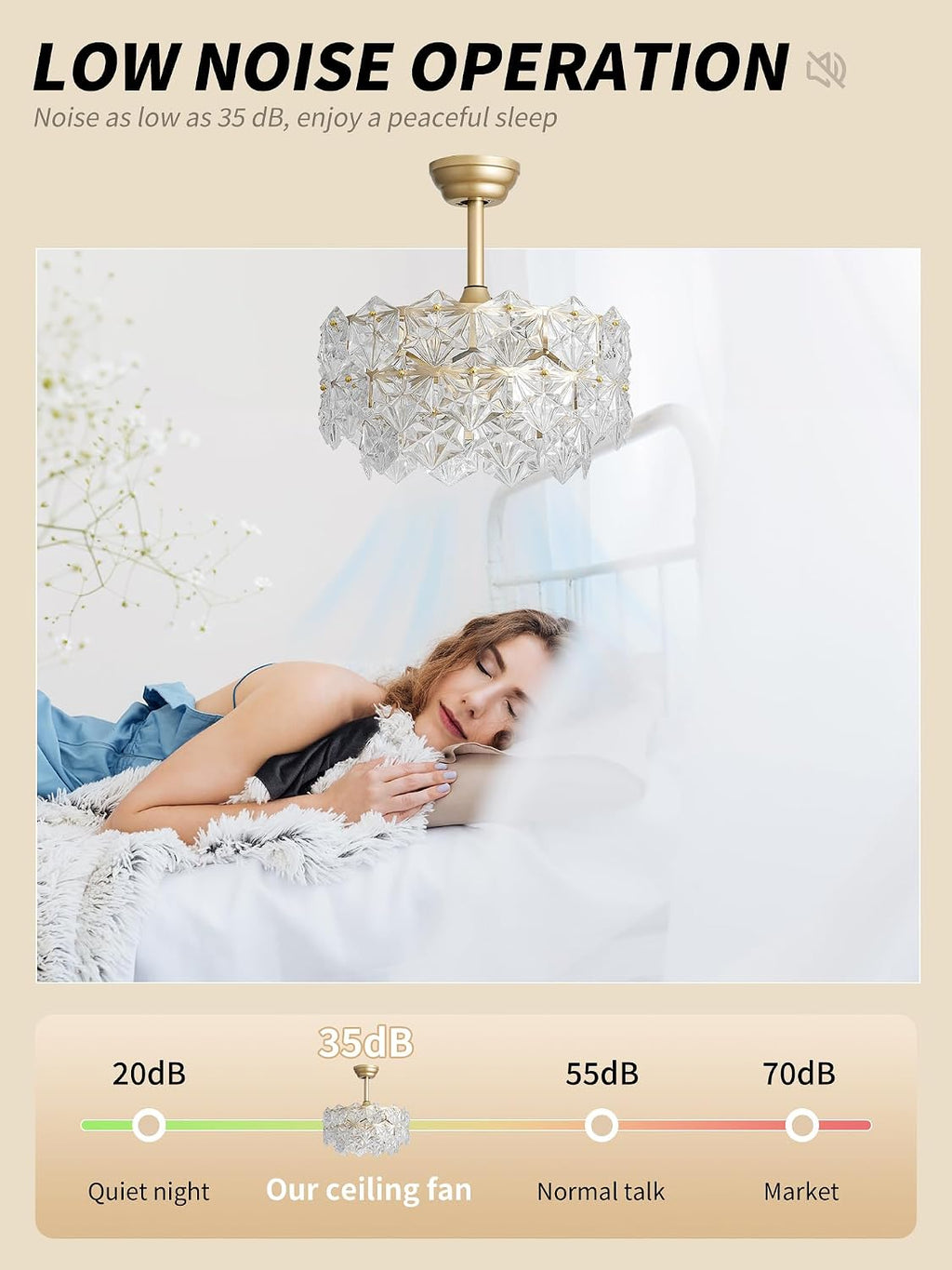 SYDACG 20' Gold Crystal Fandelier Ceiling Fan with Light, Mid-Century Chandelier Ceiling Fan with Light Remote Control, 6 Speeds for Bedroom, Nursery, Living Room