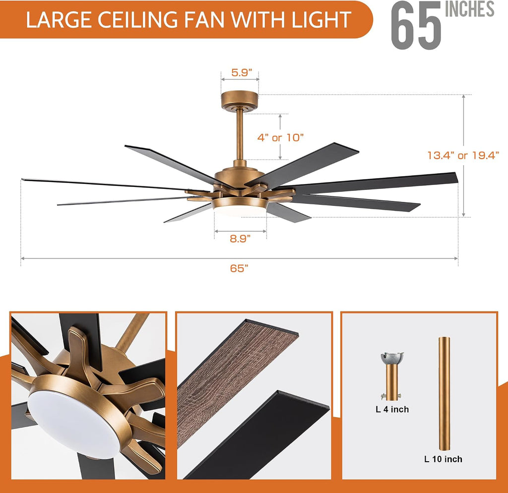 Parrot Uncle Ceiling Fans with Lights 65 Inch Large Ceiling Fan with LED Light and Remote Control Outdoor Ceiling Fans for Patios, Antique Gold, 1 Piece