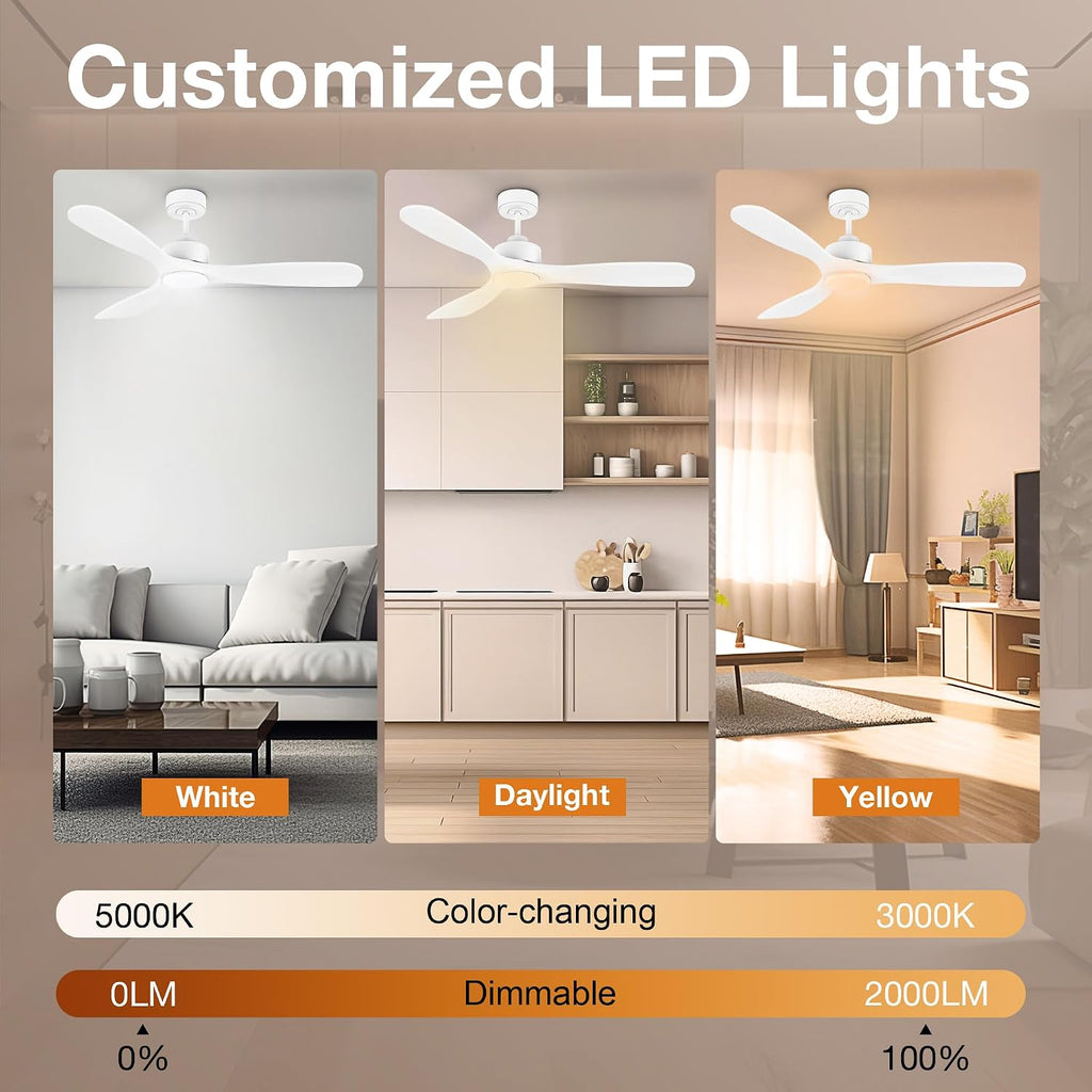 Hoenofly 52' Wood Smart Ceiling Fans with Lights Remote,Quiet DC Motor,Outdoor Indoor Ceiling Fan,Voice Control via WIFI Alexa App,Dimmable,Modern White Lighting& Ceiling Fan for Bedroom Patio Porch