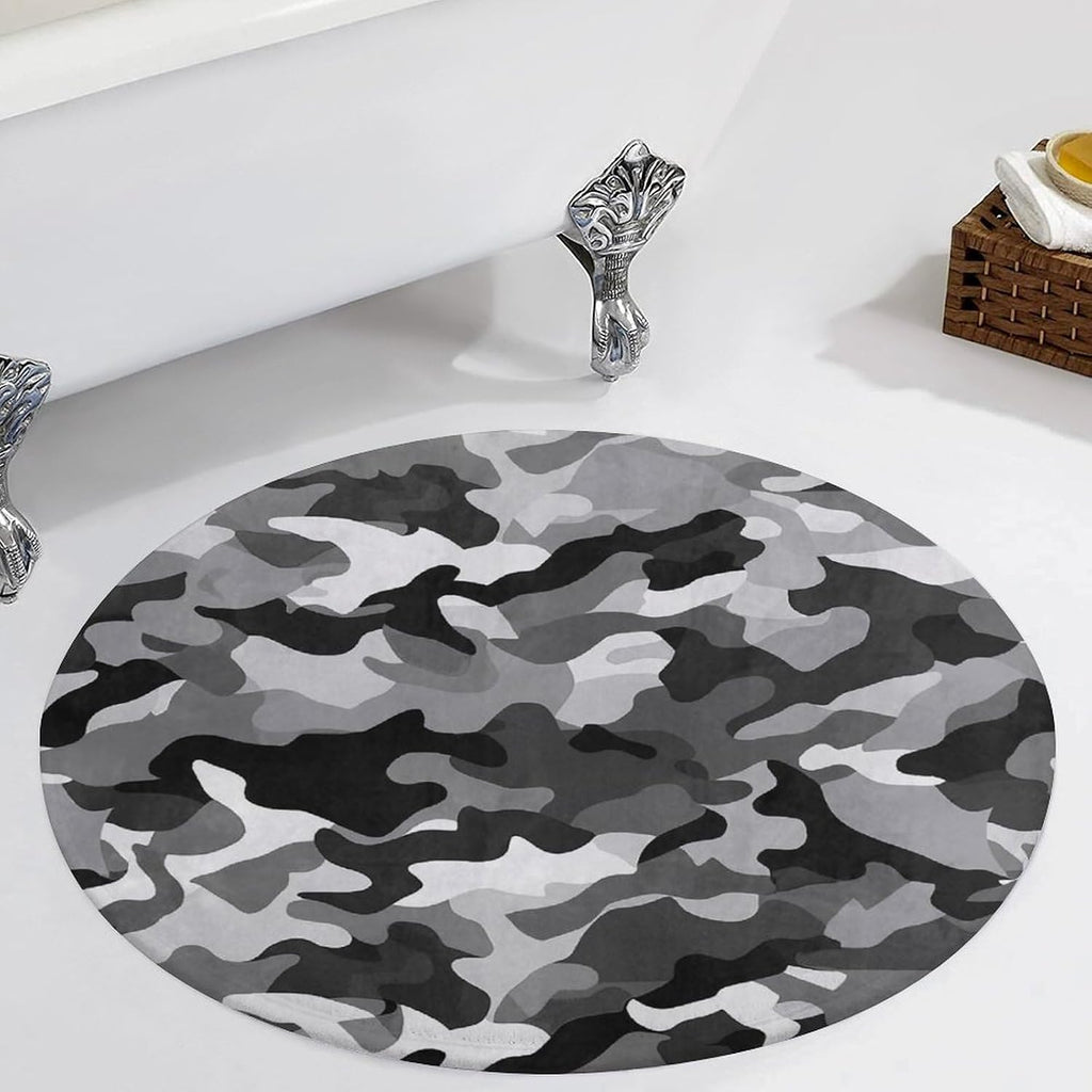 Black Grey White Camo Coral Velvet Round Floor Mat Non-Slip Bath Rug Floor Covering for Bathroom Vanity Guest Suite & Vacation Home