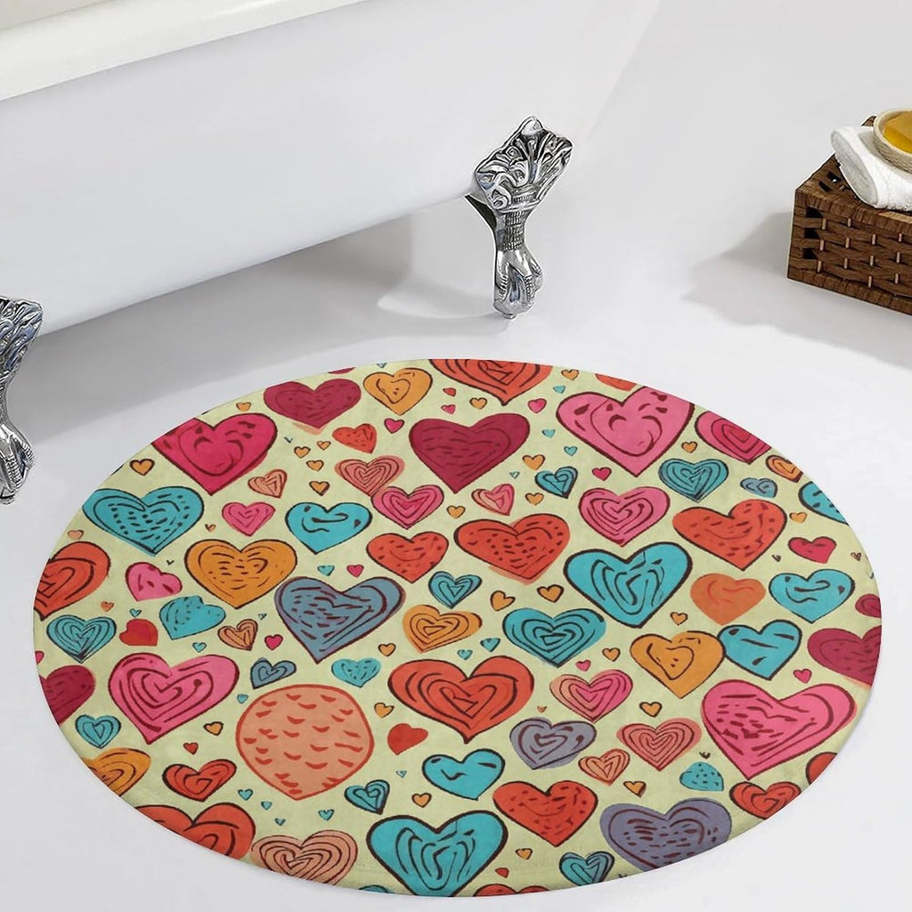Colorful Heart Pattern Coral Velvet Round Floor Mat Non-Slip Bath Rug Floor Covering for Bathroom Vanity Guest Suite & Vacation Home