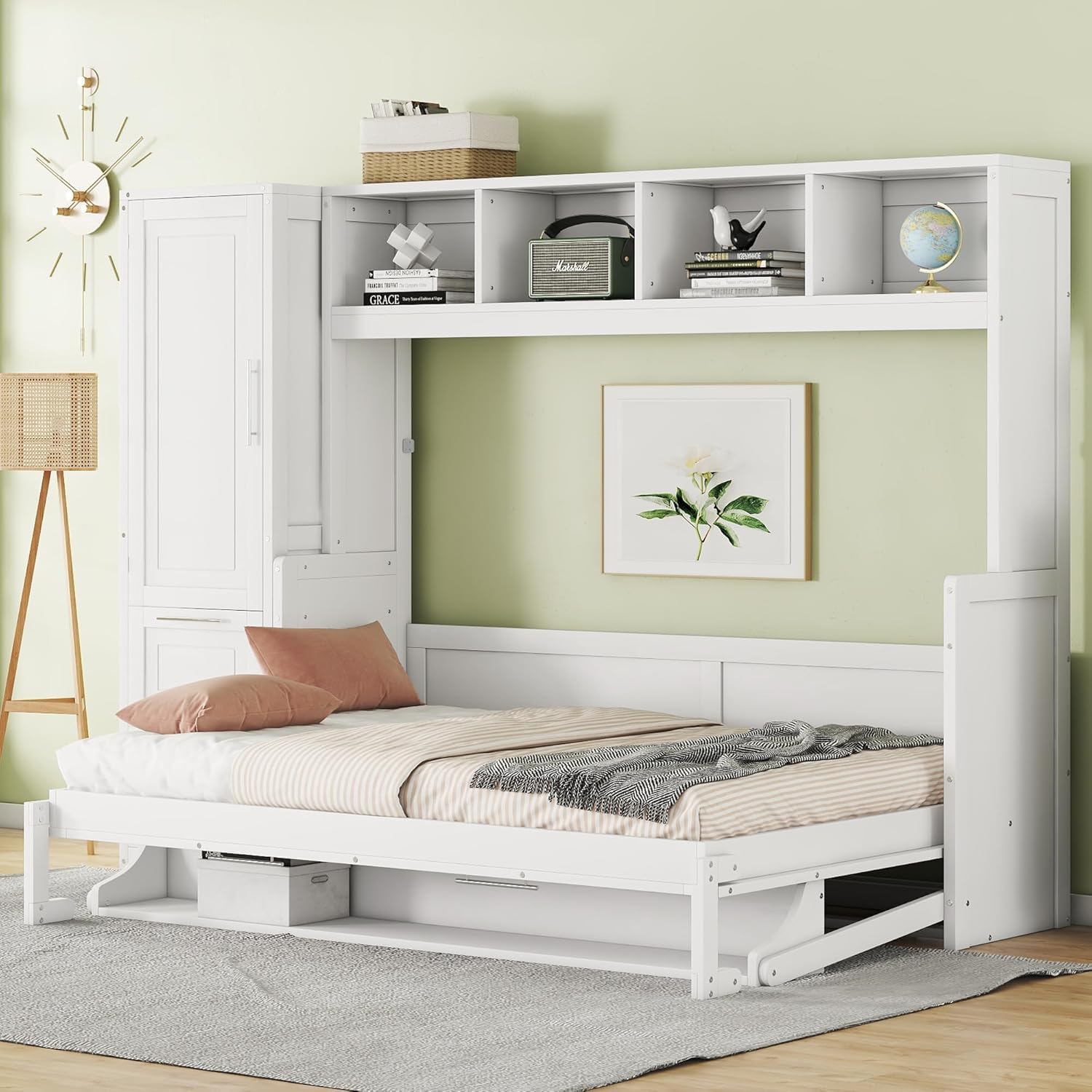MERITLINE Full Murphy Bed with Wardrobe Closet,2 Drawer,4 Storage Open Shelves,Wood Folding Murphy Wall Bed Cabinet (White,Full)