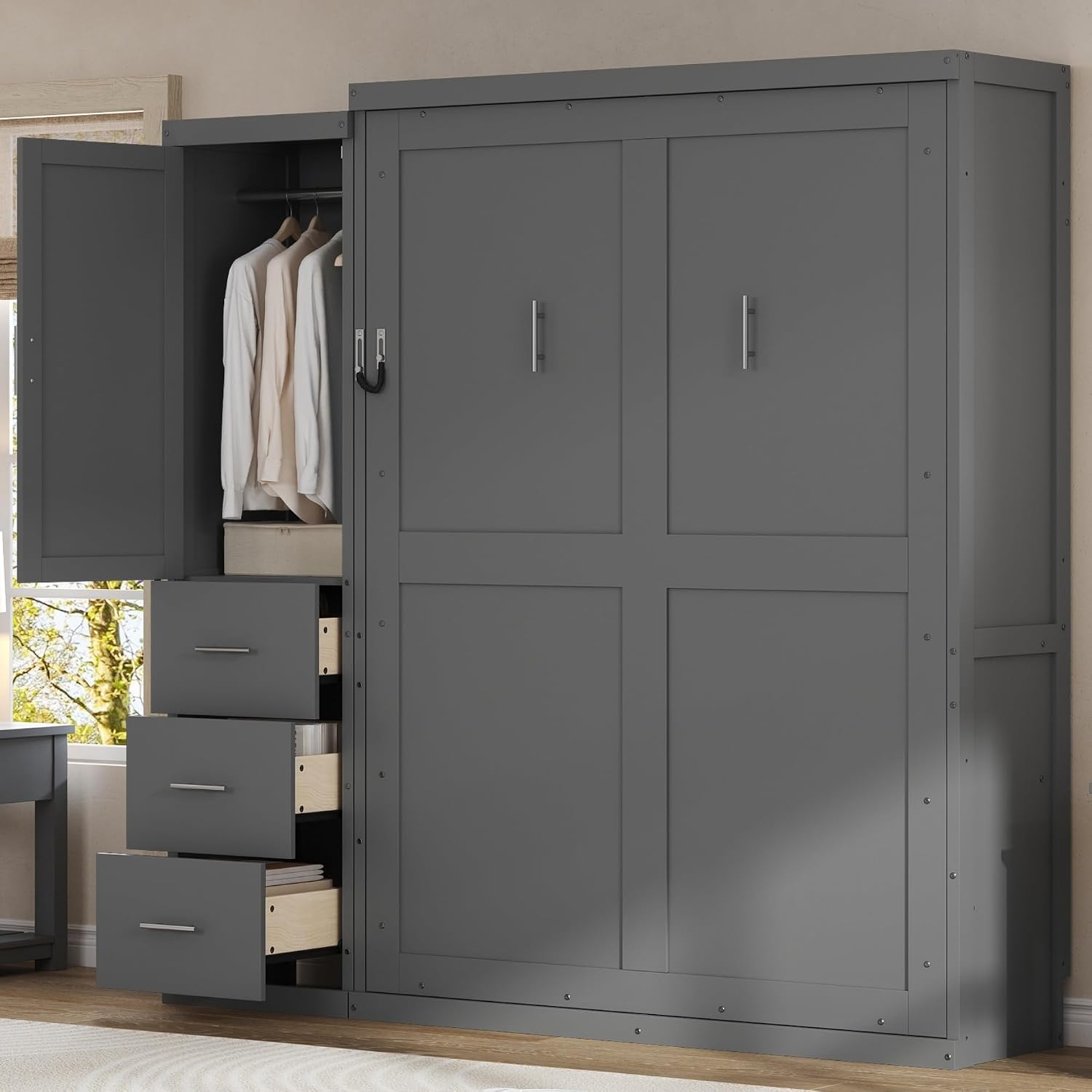 SOFTSEA Full Size Murphy Bed with Wardrobe and Storage Drawers, Farmhouse Wood Hidden Wall Bed Frame, Can be Folded into a Cabinet, No Box Spring Needed, Grey