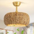 17.7' Caged Rattan Ceiling Fans with Lights, Boho Flush Mount Ceiling Fan with Light, Low Profile Chandelier 6 Speed Bladeless Reversible Ceiling Fan for Living Room Bedroom kitchen island dining room