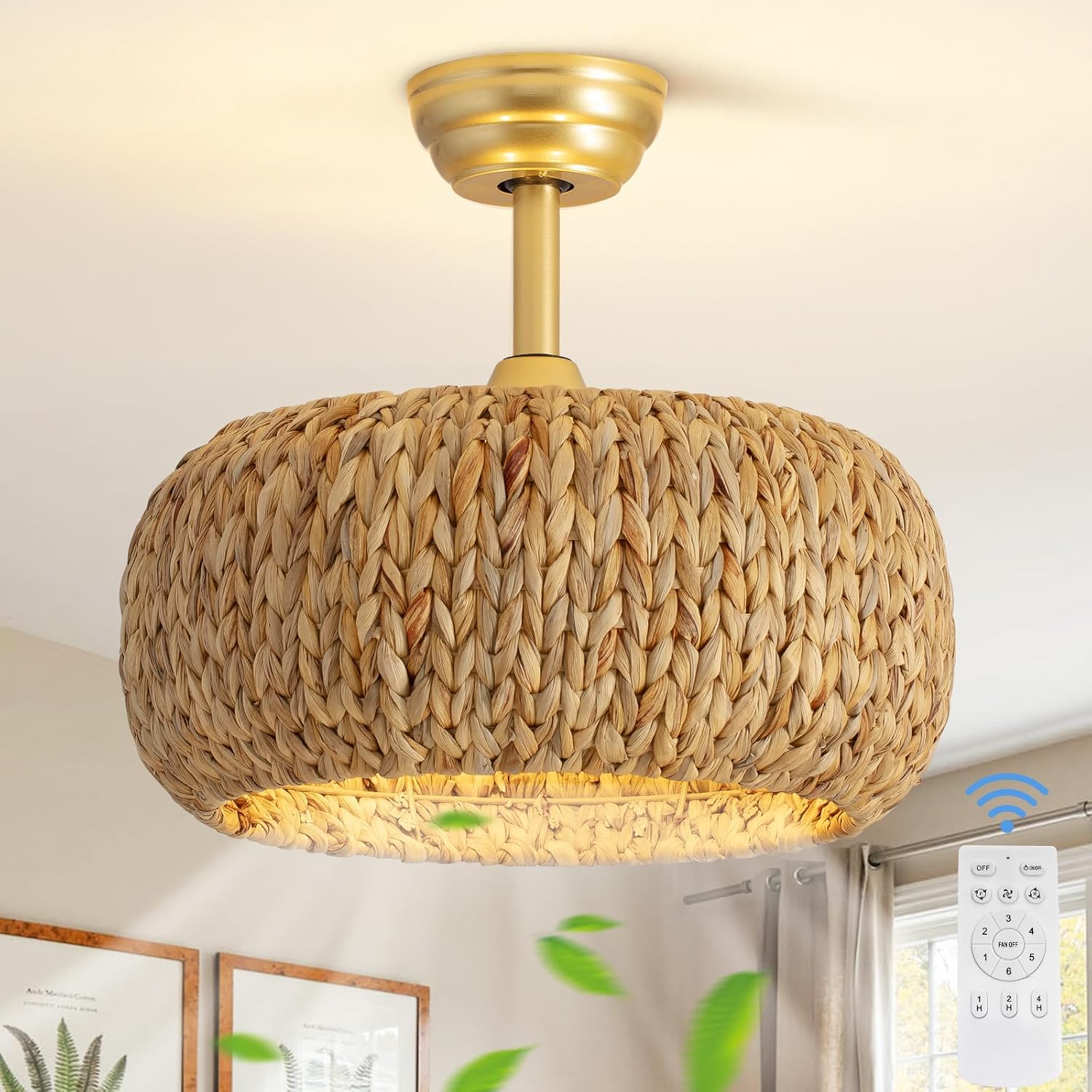 17.7' Caged Rattan Ceiling Fans with Lights, Boho Flush Mount Ceiling Fan with Light, Low Profile Chandelier 6 Speed Bladeless Reversible Ceiling Fan for Living Room Bedroom kitchen island dining room