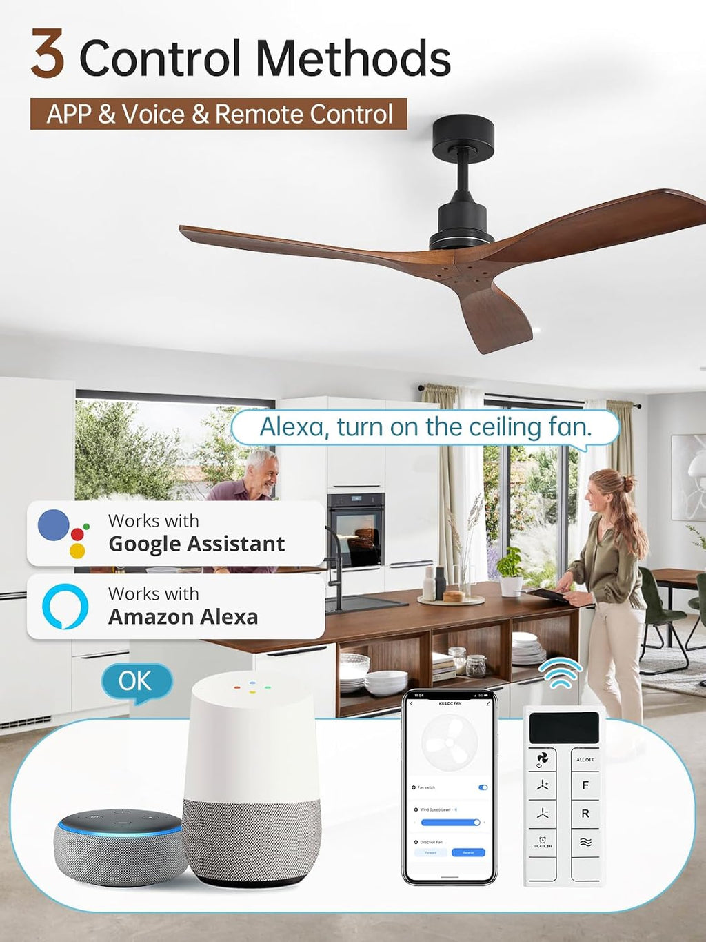 Sofucor 52 Inch Smart Ceiling Fans without Light-Modern Solid Wood Outdoor 3 Blades Ceiling Fan No Light, Alexa/Google Assistant/APP/Remote Control for Bedroom Living Room Farmhouse Patio,Walnut Black