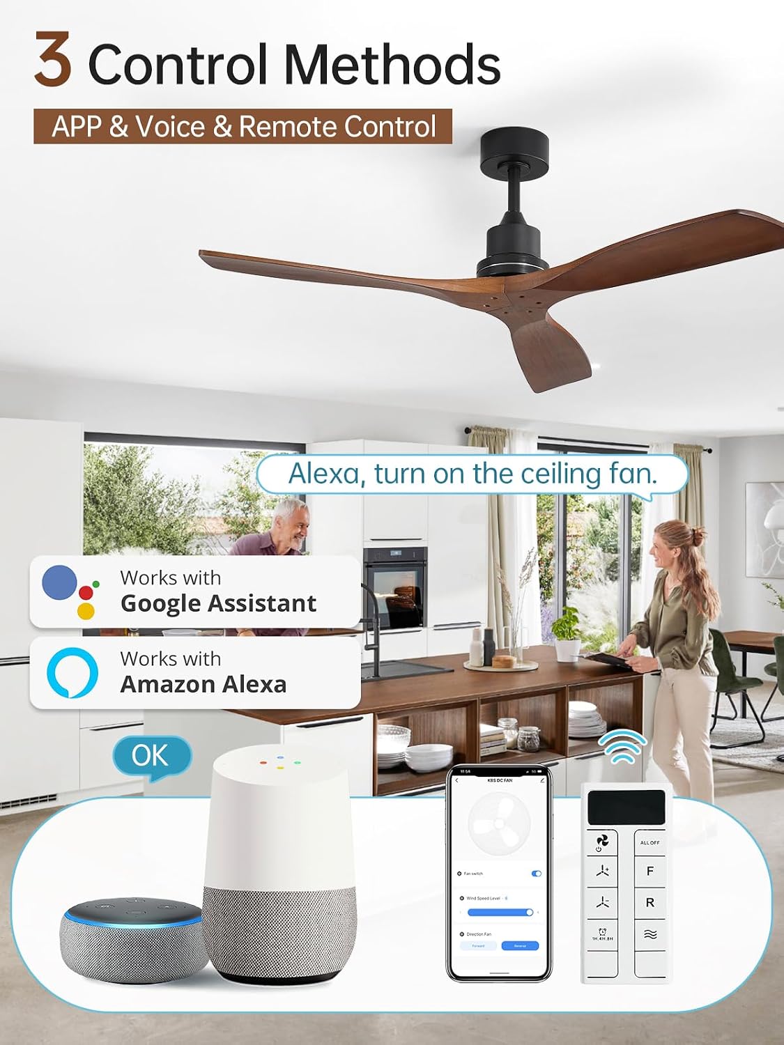Sofucor 52 Inch Smart Ceiling Fans without Light-Modern Solid Wood Outdoor 3 Blades Ceiling Fan No Light, Alexa/Google Assistant/APP/Remote Control for Bedroom Living Room Farmhouse Patio,Walnut Black