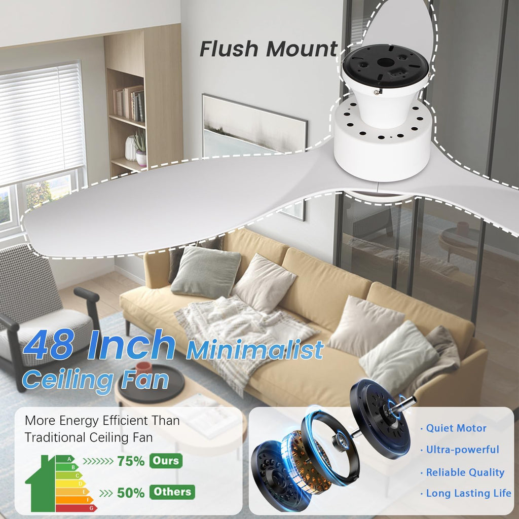 48 inch Ceiling Fan with Light and Remote, White Flush Mount Ceiling Fan with 3 Blades,3 Color Dimmable Lights, 6 Speeds, Queit DC Motor, for Bedroom/Outdoor/Patios, White