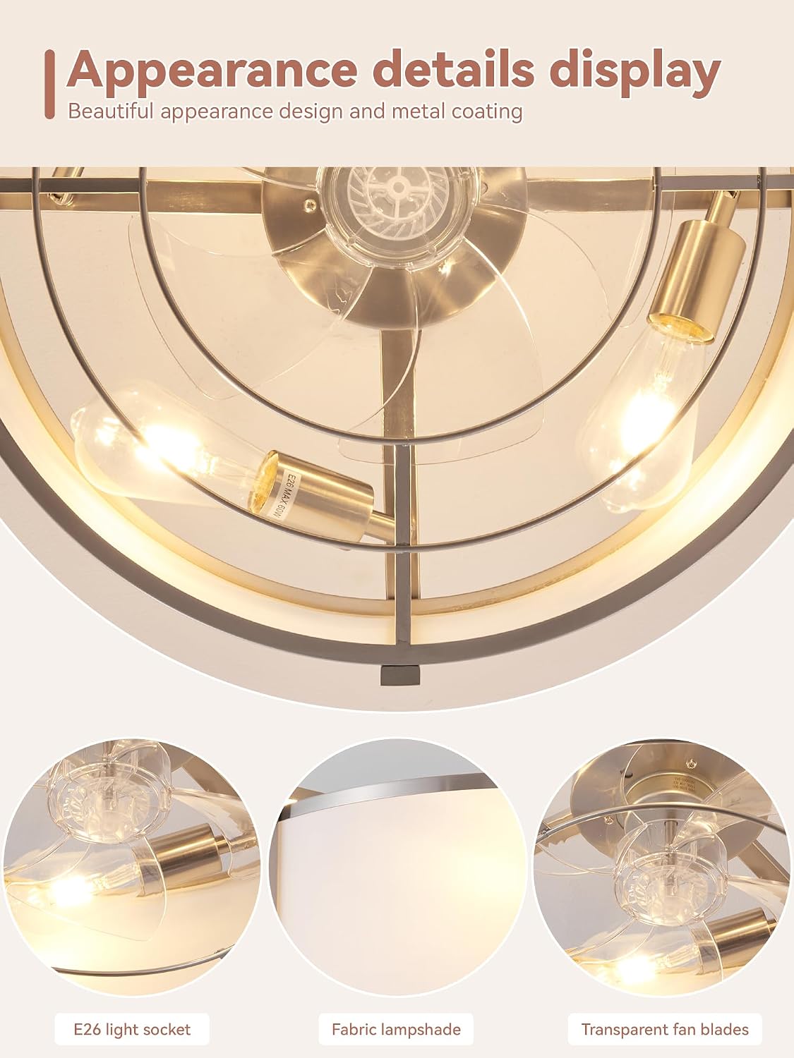 20' Silver Fandelier Ceiling Fans with Lights, Boho Rattan Ceiling Fan with Light Remote Control, Caged Mid-Century Modern with 6 Speeds for Bedroom, Nursery, Living Room