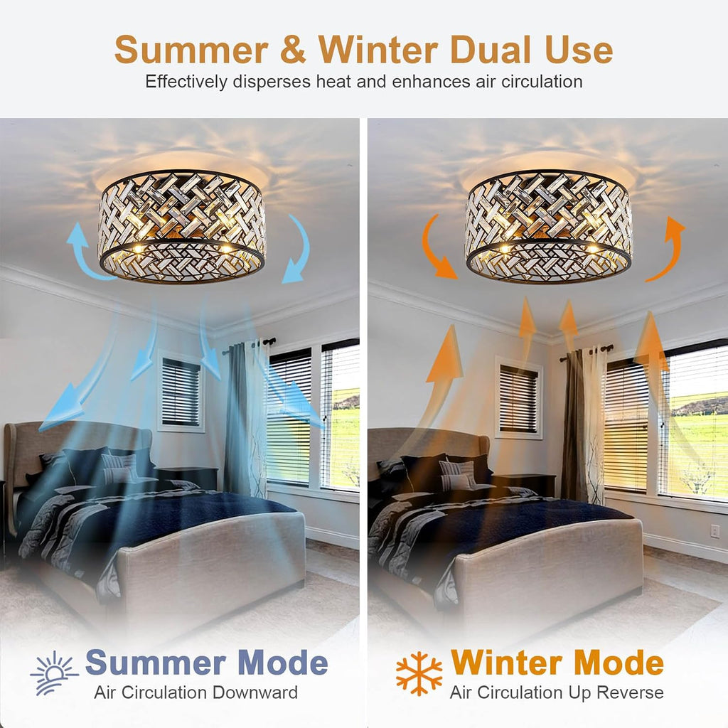 Modern Chandelier Crystal Ceiling Fans with Lights and Remote, 18.7-Inch Low Profile Bladeless Flush Mount Caged Ceiling Fan for Bedroom, Kitchen,Living Room,Small Ceiling Fan with Light with 6 Speed