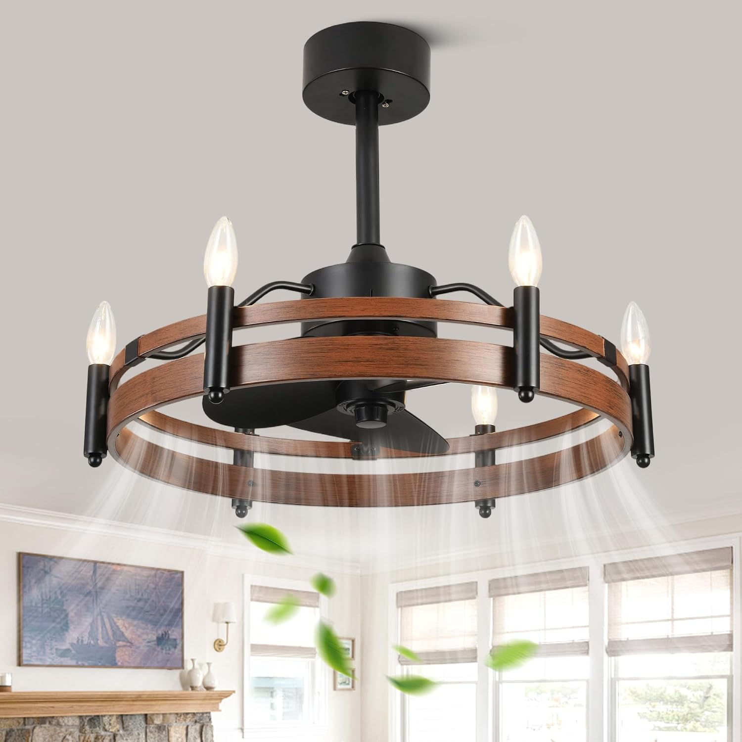 Bella Depot 24' Farmhouse Ceiling Fan with Light – Wagon Wheel Fandelier, 6-Light Industrial Rustic Chandelier Fan, Remote Control, for Bedroom Kitchen Dining Room (Bulbs Not Included)